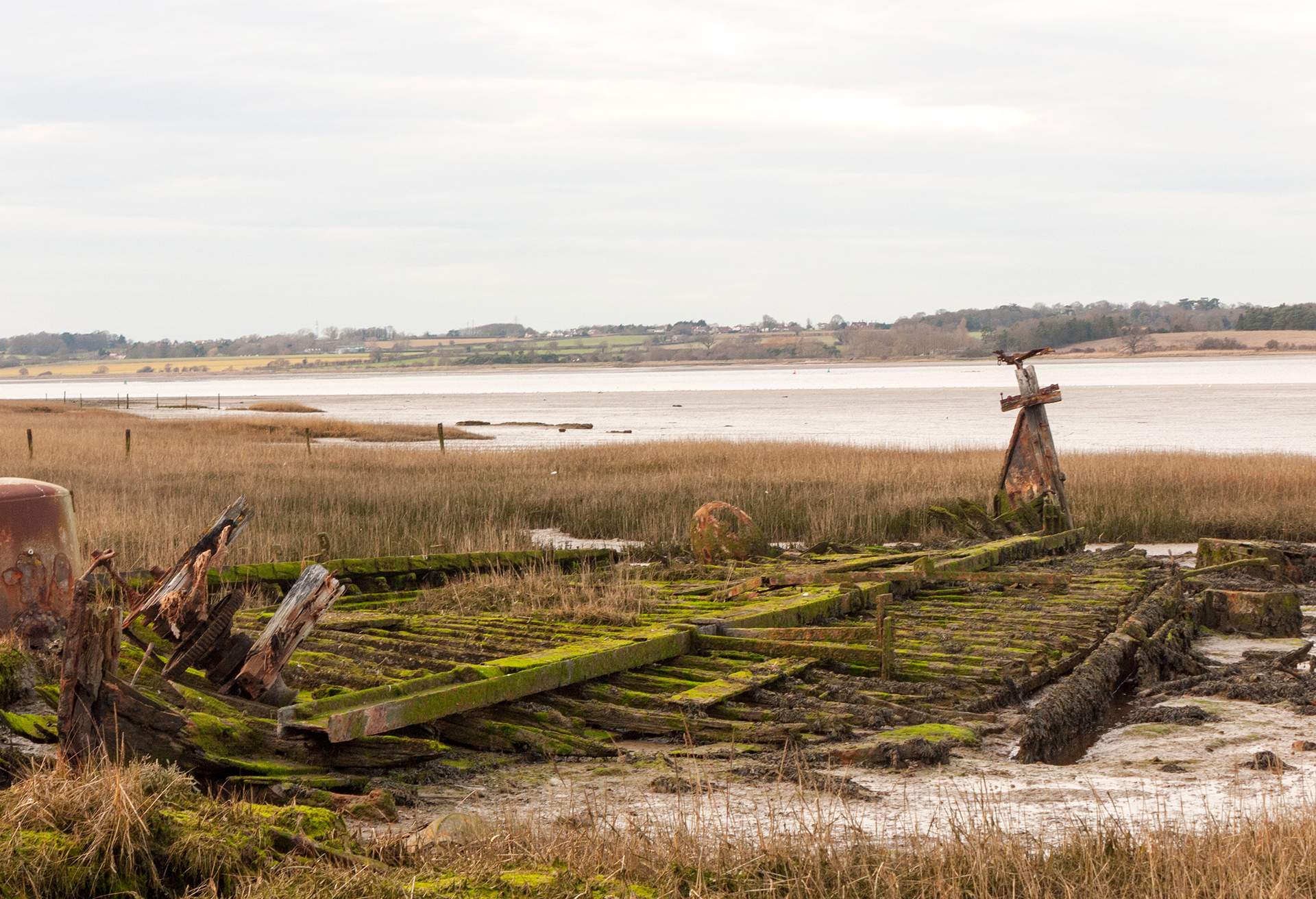 Boat wreck by the pond at Manningtree, Essex, UK