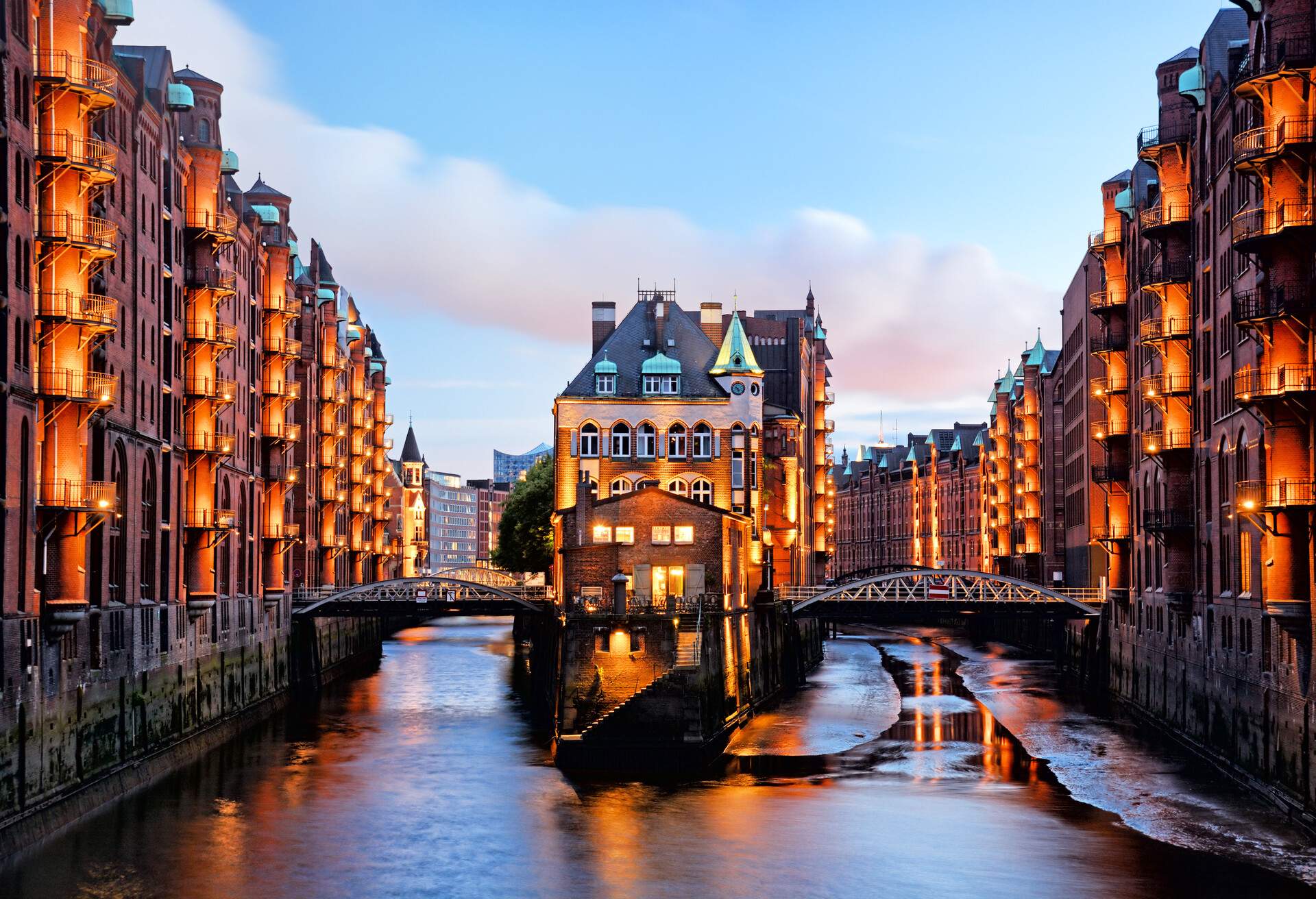 The Speicherstadt warehouse district at night in Hamburg, Germany