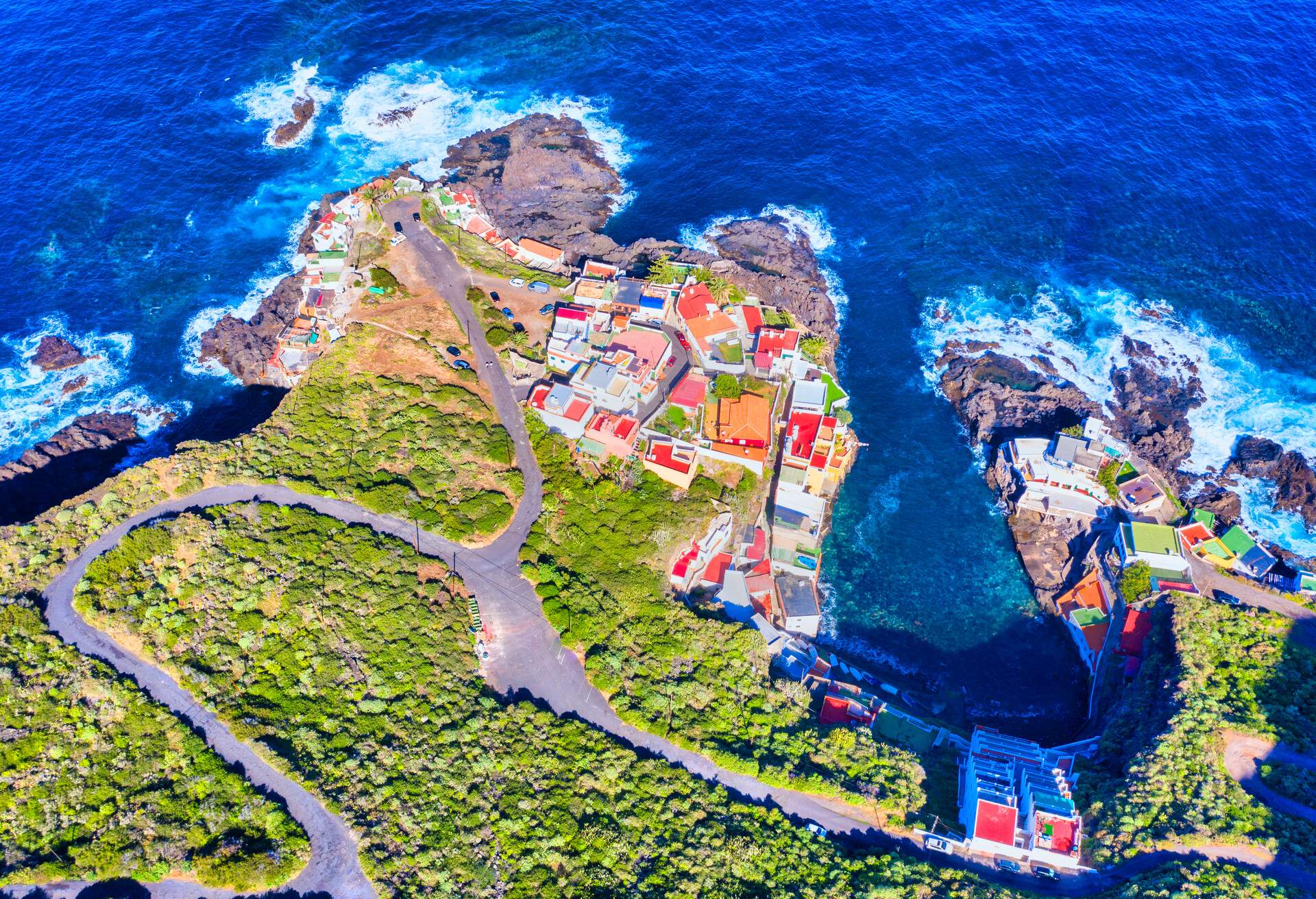 Aerial view from a drone of a little village in Tenerife. El Caletón.