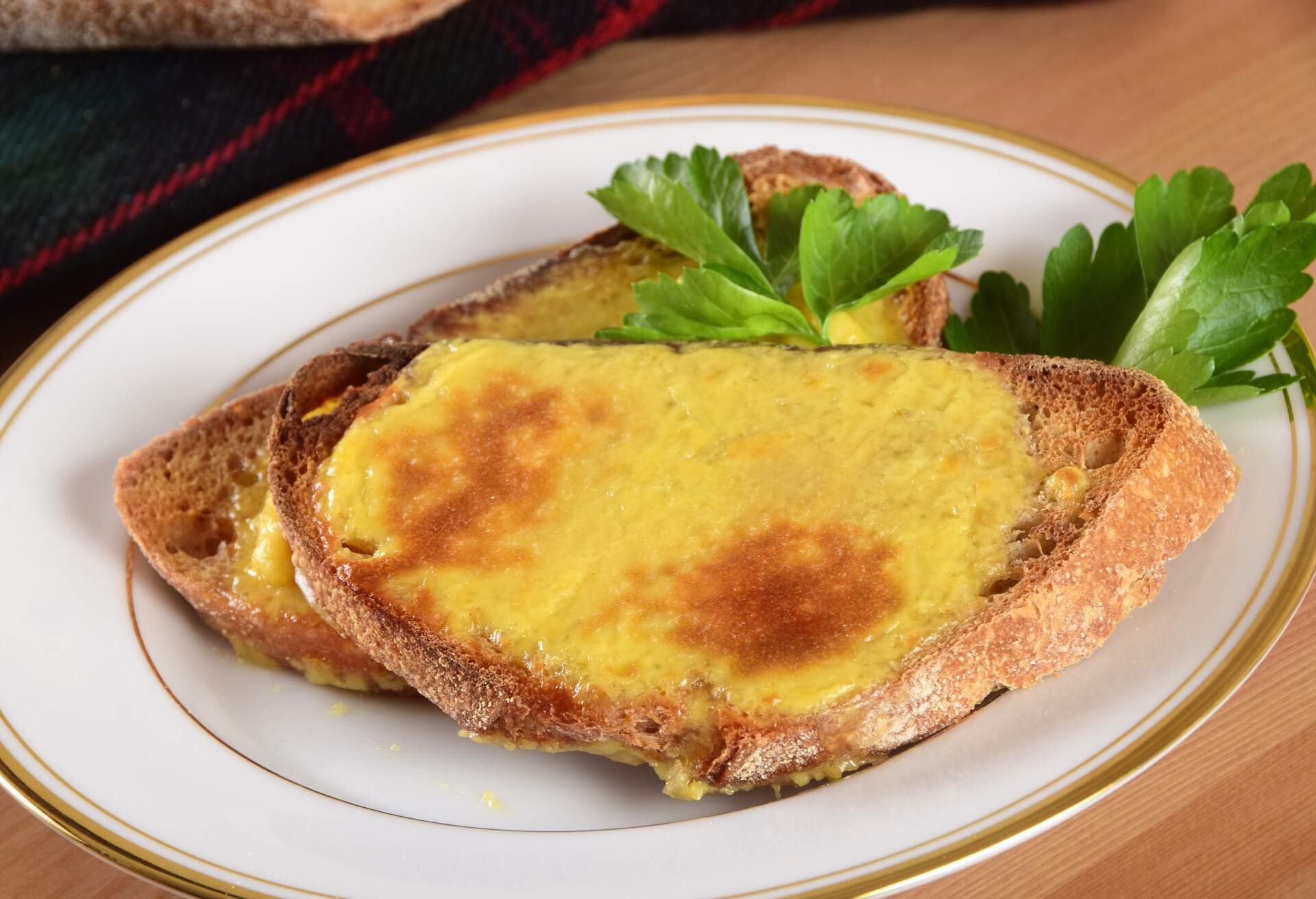 Traditional Welsh Rarebit - toast topped with a sauce of melted cheese, beer, mustard and Worcestershire sauce.