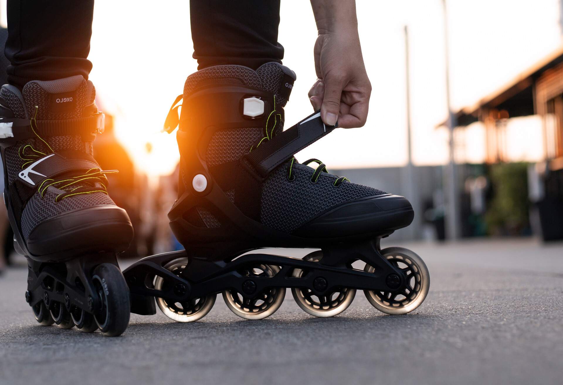 A closeup shot of a persons feet with rollarskates on