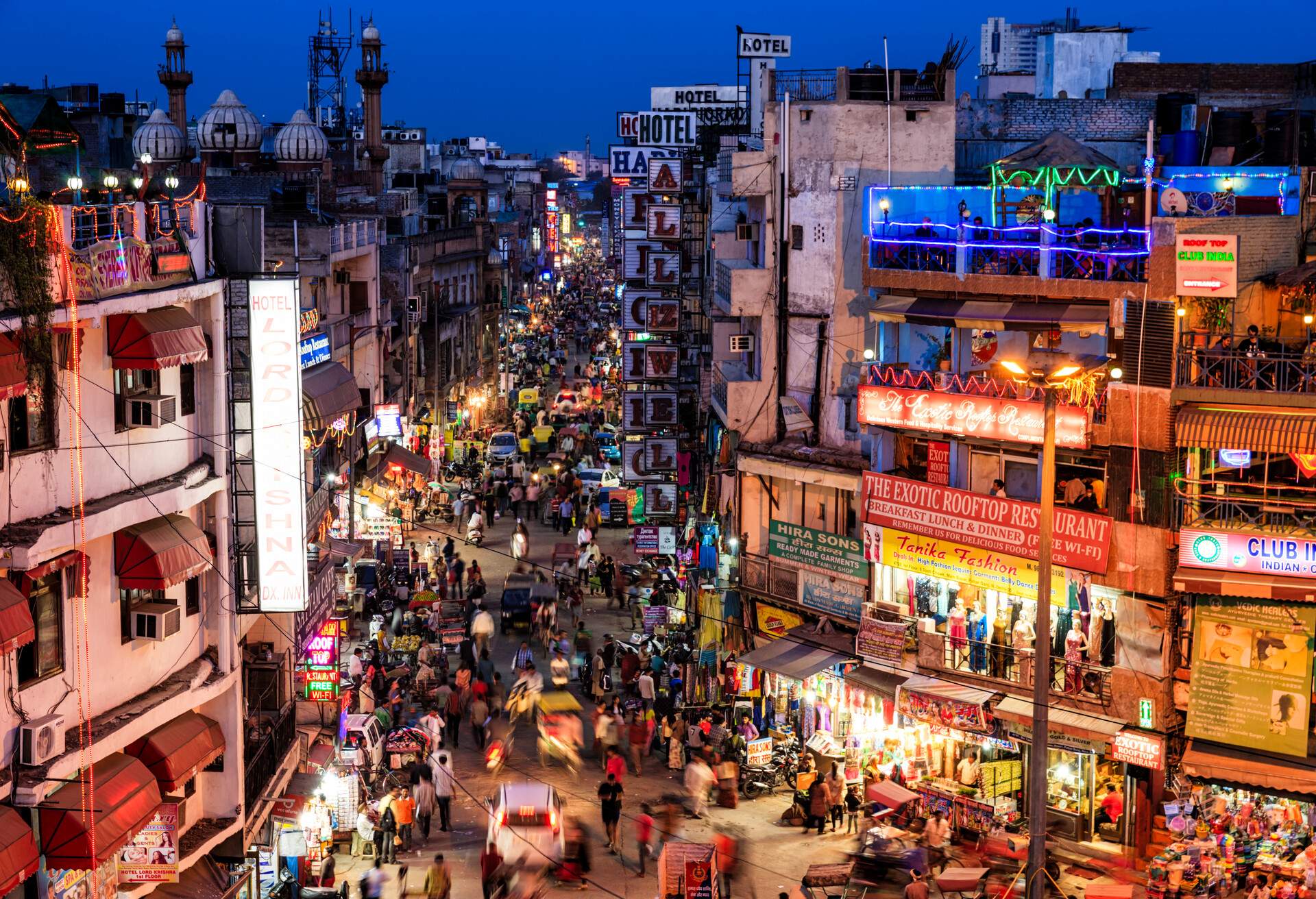 Main Bazar, Paharganj known for its concentration of hotels, lodges, restaurants, dhabas and a wide variety of shops catering to both domestic travellers and foreign tourists, especially backpackers and low-budget travellers.