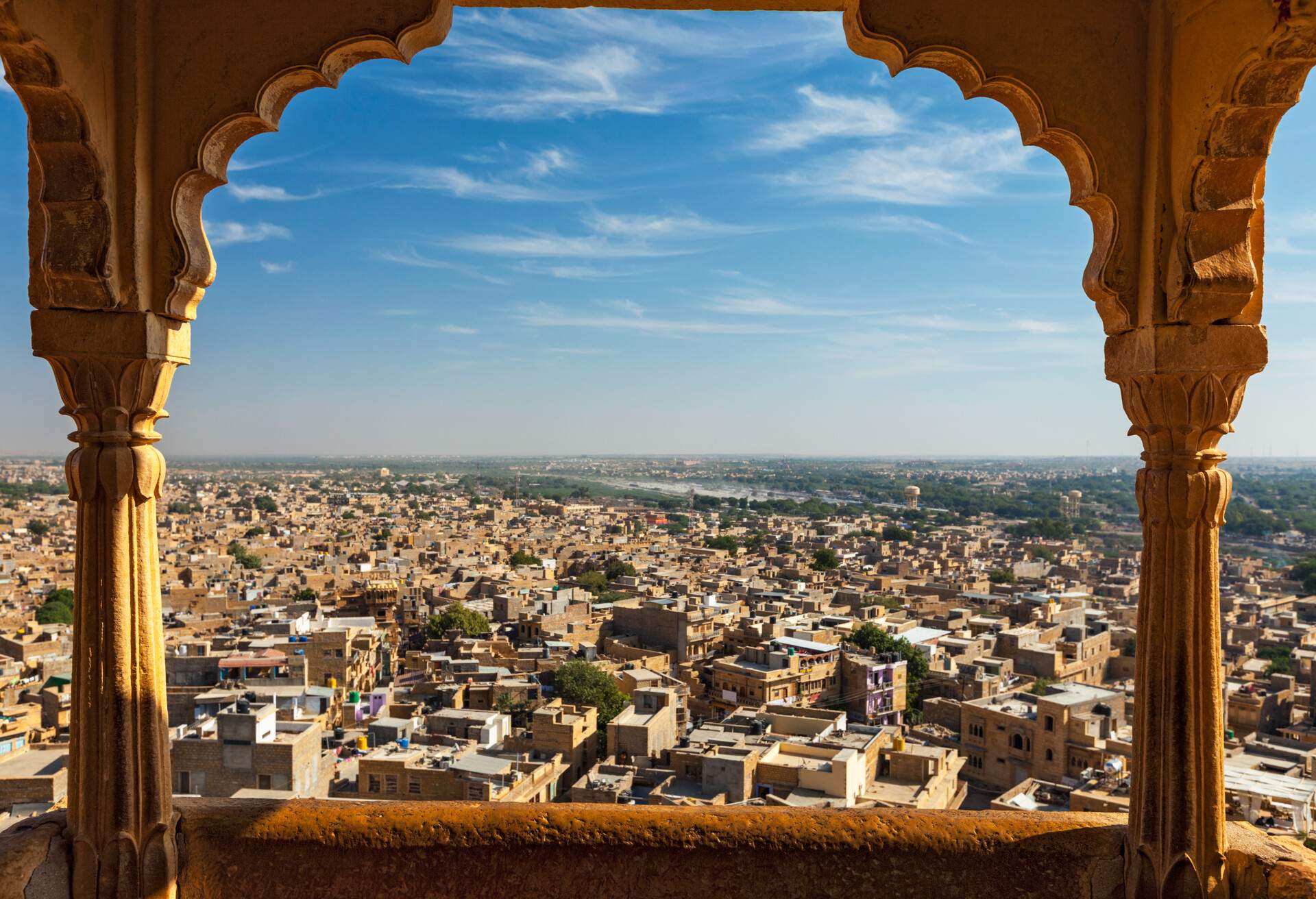 View of Jaisalmer city from Jaisalmer fort through arch. Jaisalmer, Rajasthan, India