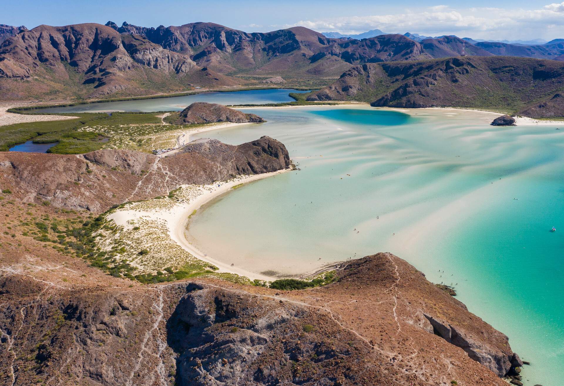 Day time aerial view of Playa Balandra beach in La Paz, Baja California Sur, Mexico.