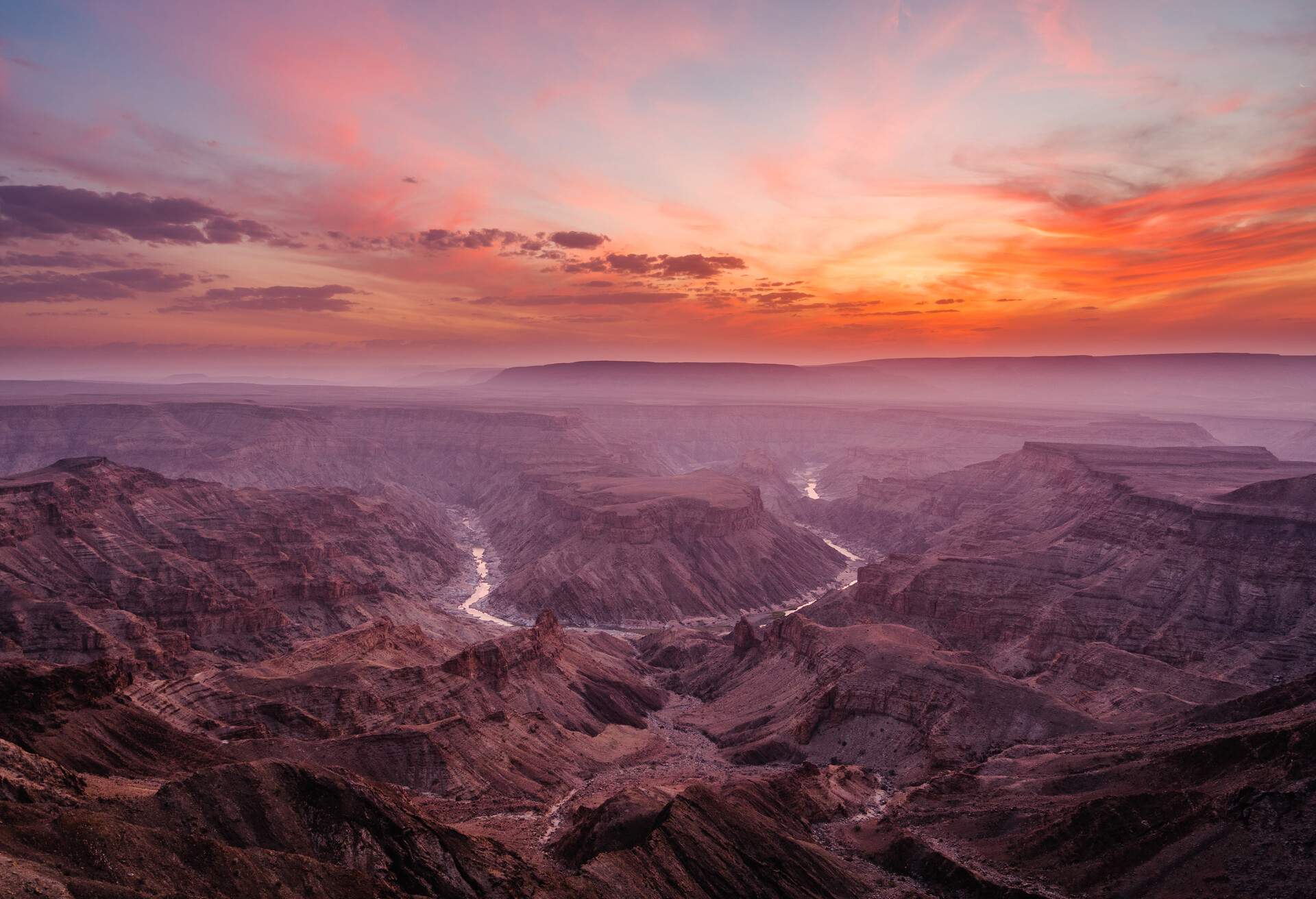 A sunset over the Fish River Canyon in Namibia