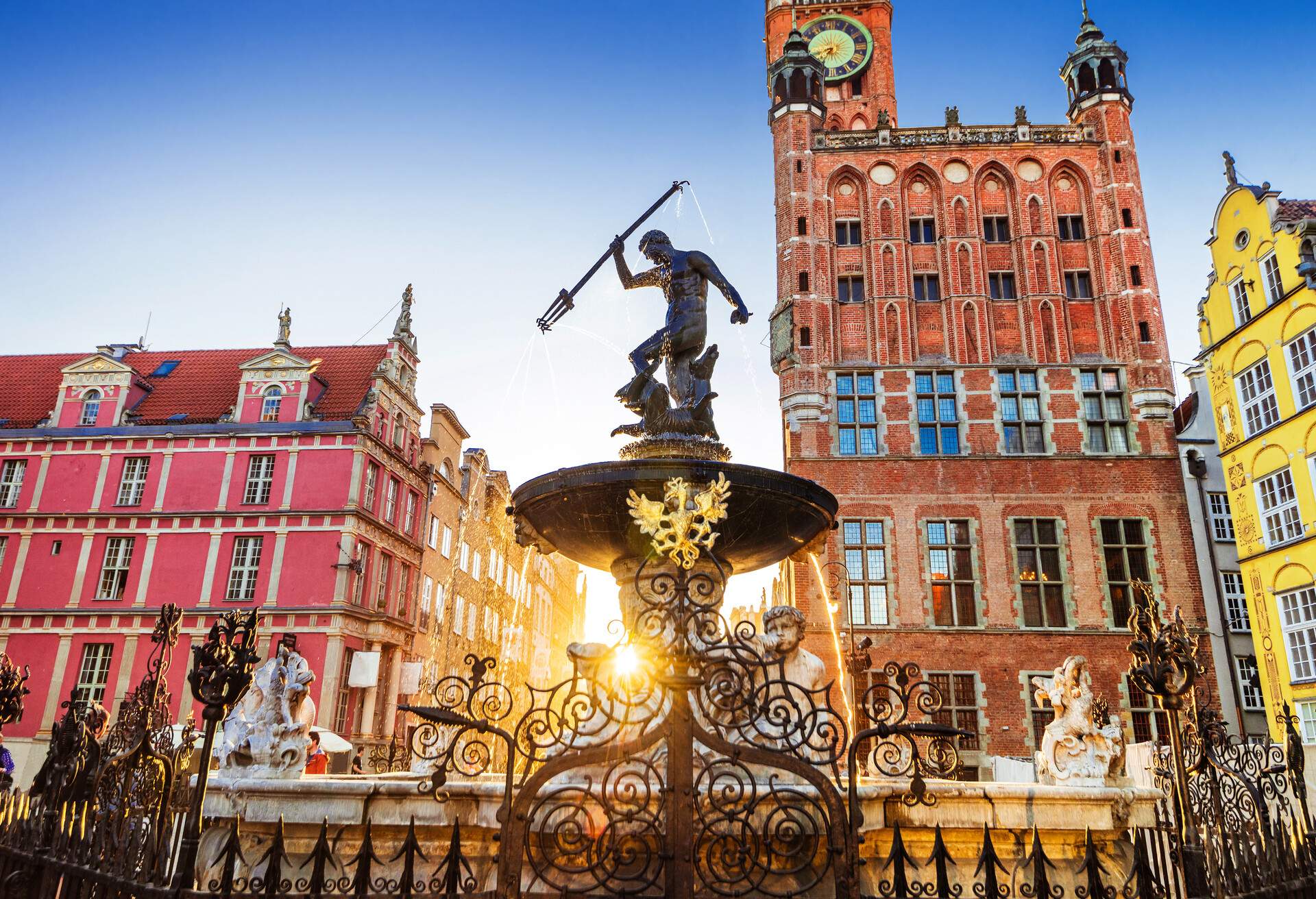 Beautiful fountain in the old center of Gdansk city, Poland