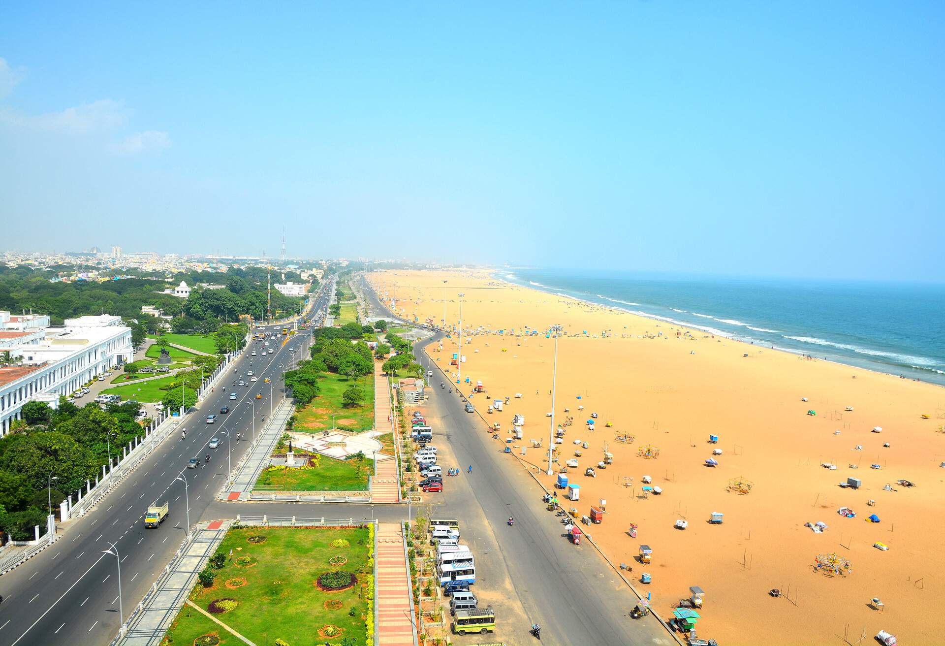 Aerial view of Marina Beach in Chennai City, India.