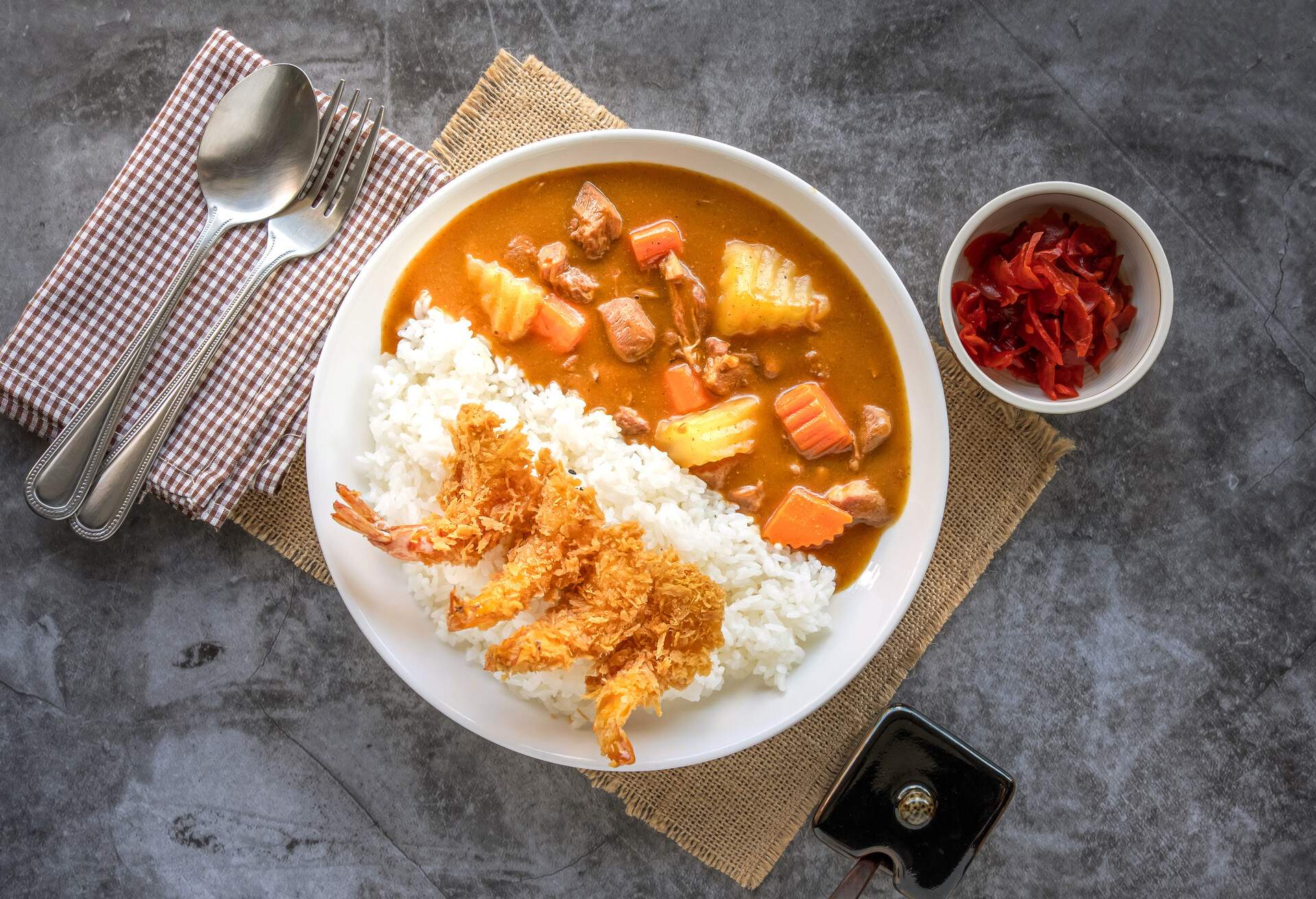 Top View of Japanese Curry rice with fried Shrimp Crispy