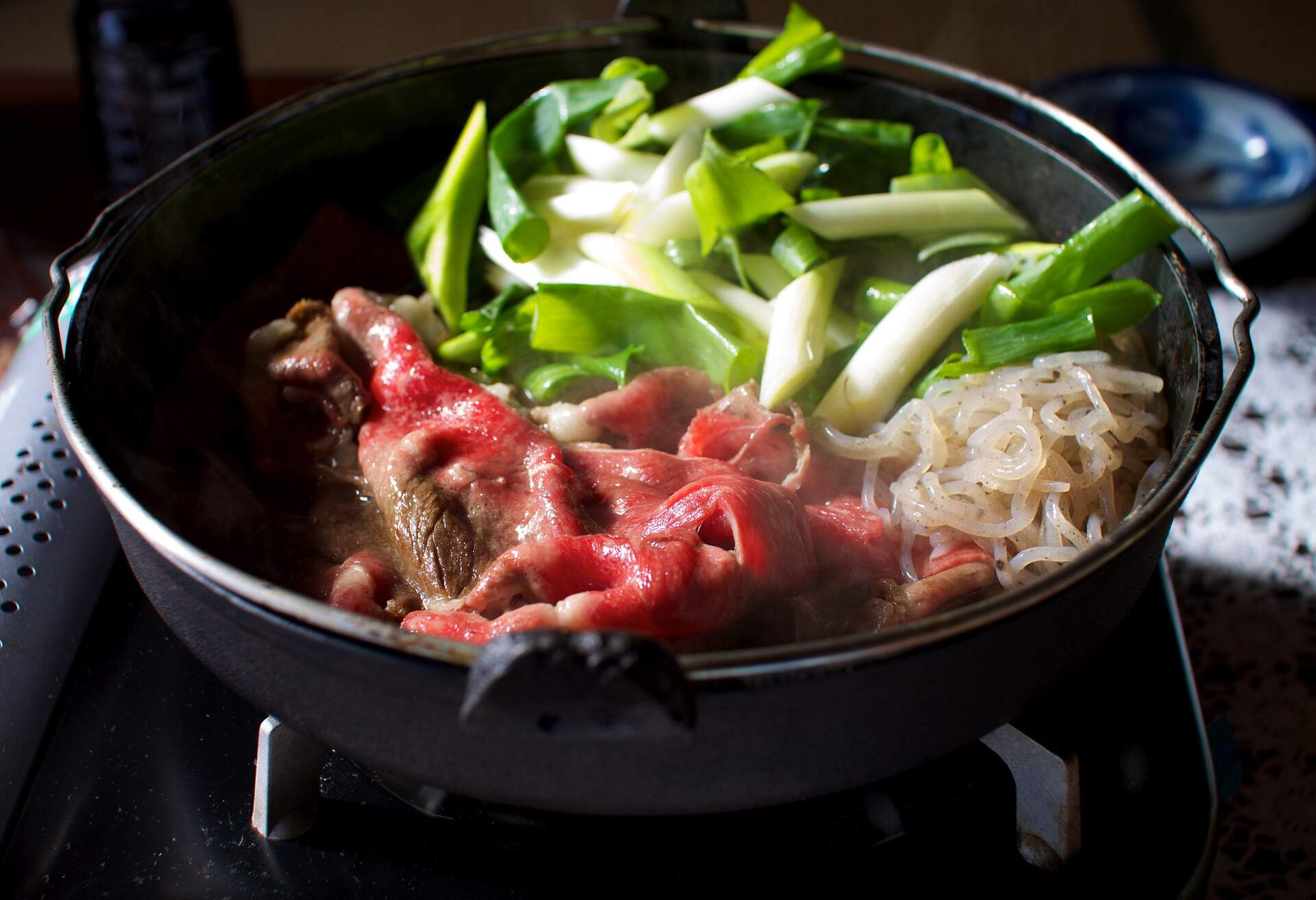 Wagyu beef, leeks, and itokonyaku cooked in soya sauce and sugar - FOOD_JAPANESE_SUKIYAKI