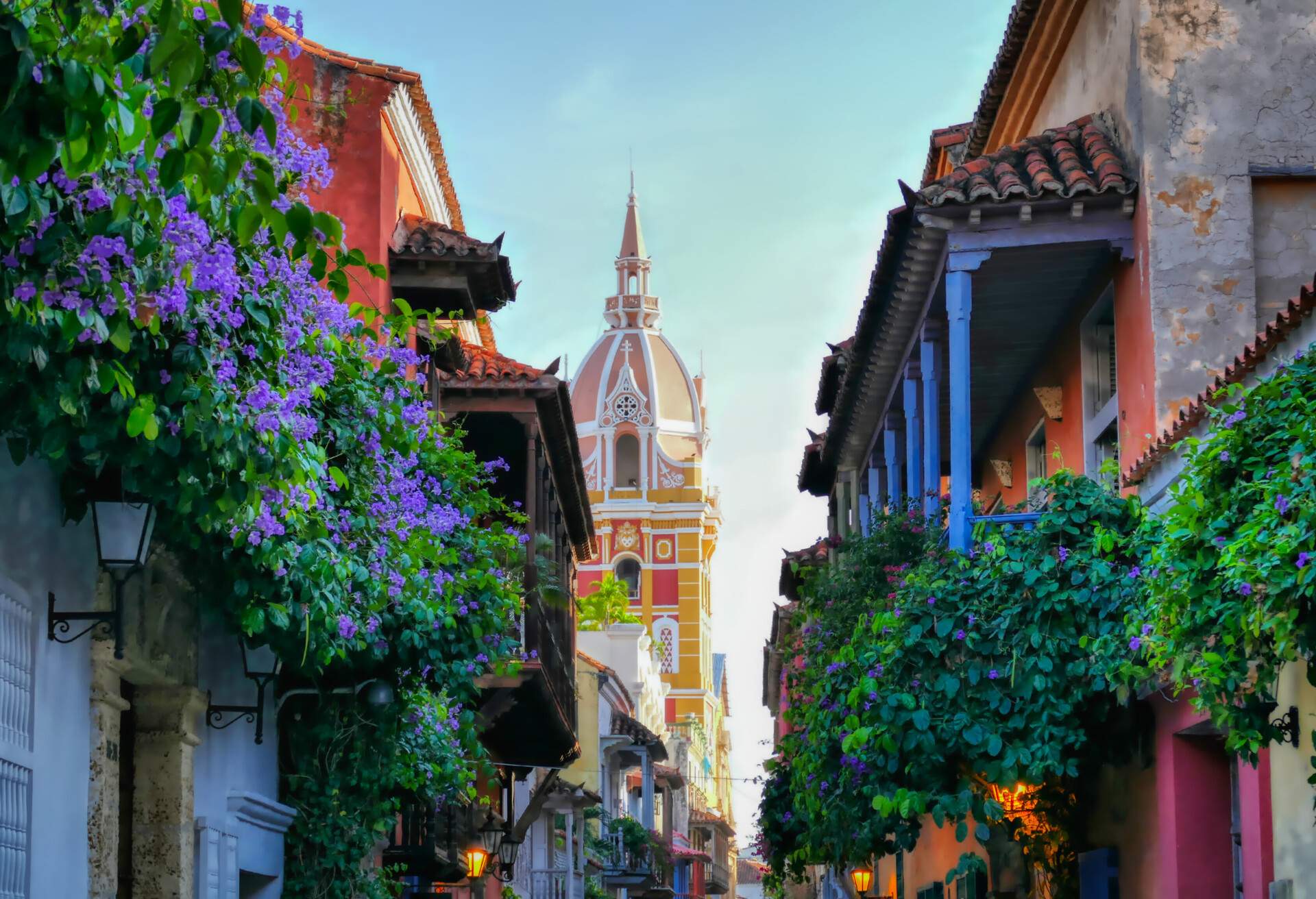 Cartagena - Colombia. Street level view of Cartagena's colonial walled city which is a UNESCO world heritage site.