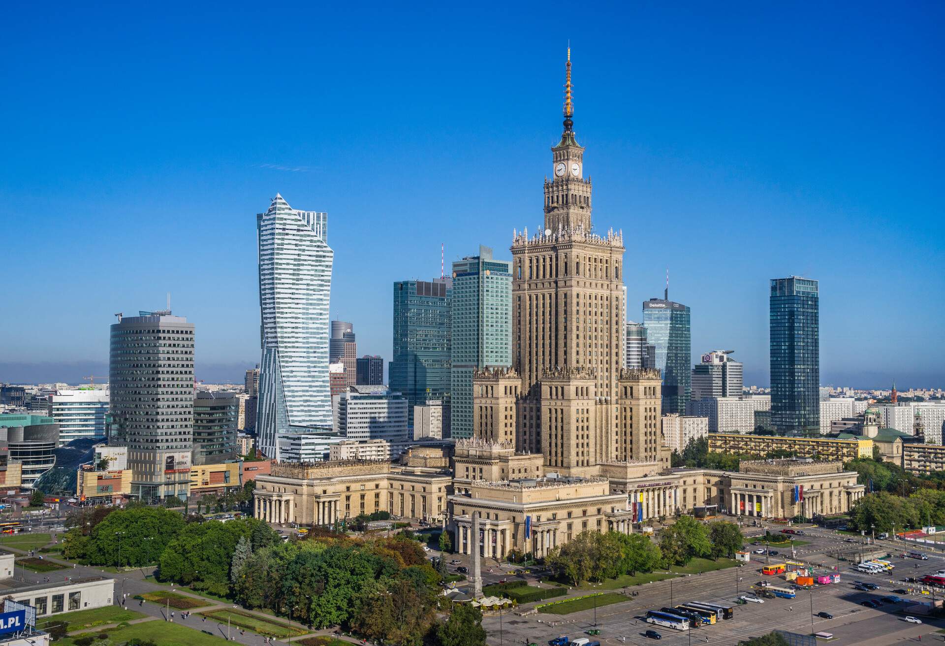 Warsaw Centrum, view of the very heart of the polish capital, with the Zota 44 skyscraper and the Russian Weding Cake style soc-realist Palace of Culture and Science amongst other Warsaw highrise, Warsaw, Poland