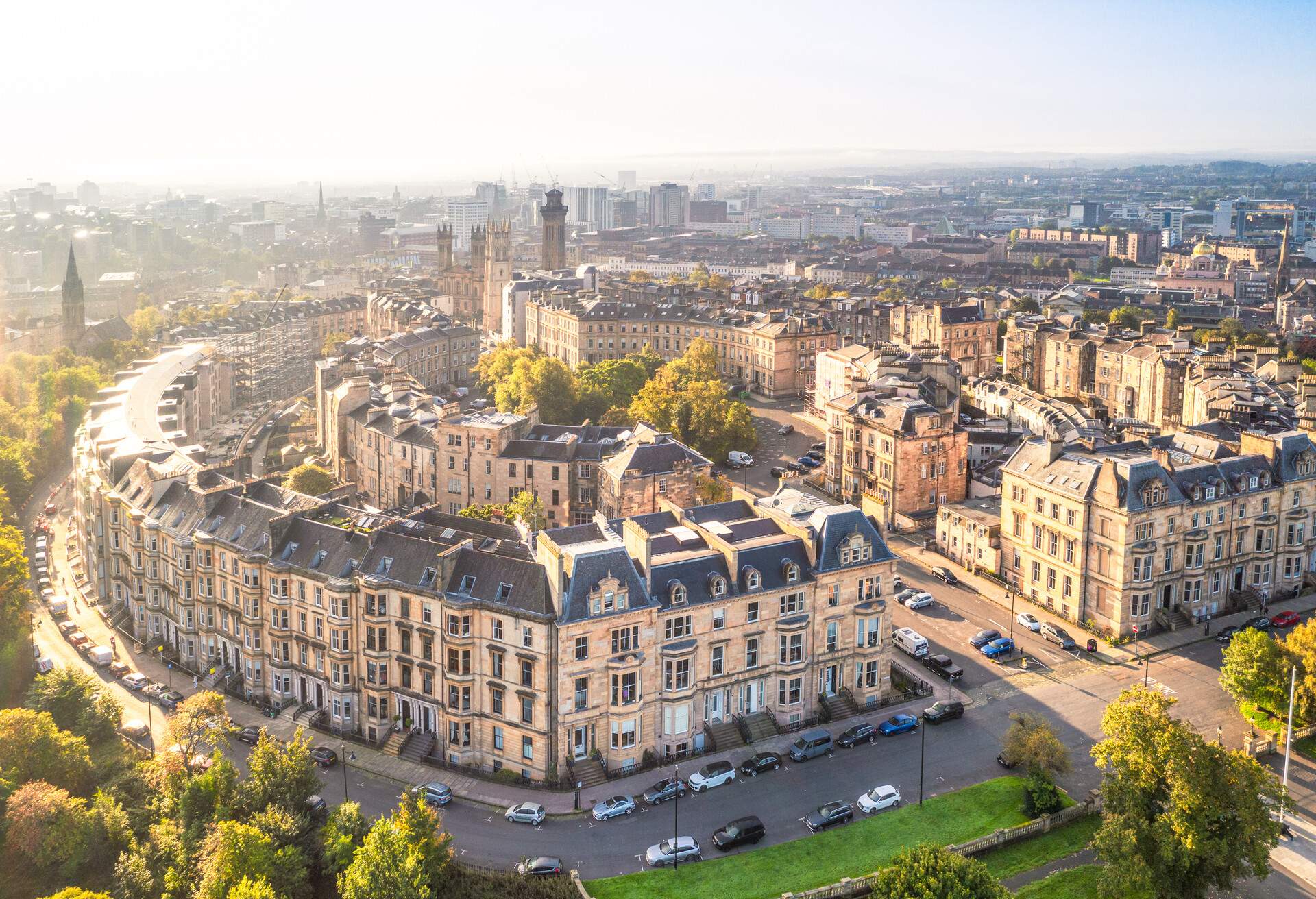 A view from the air of the townhouses and flats of Glasgow's Park District, located next to Kelvingrove Park in the city's West End.