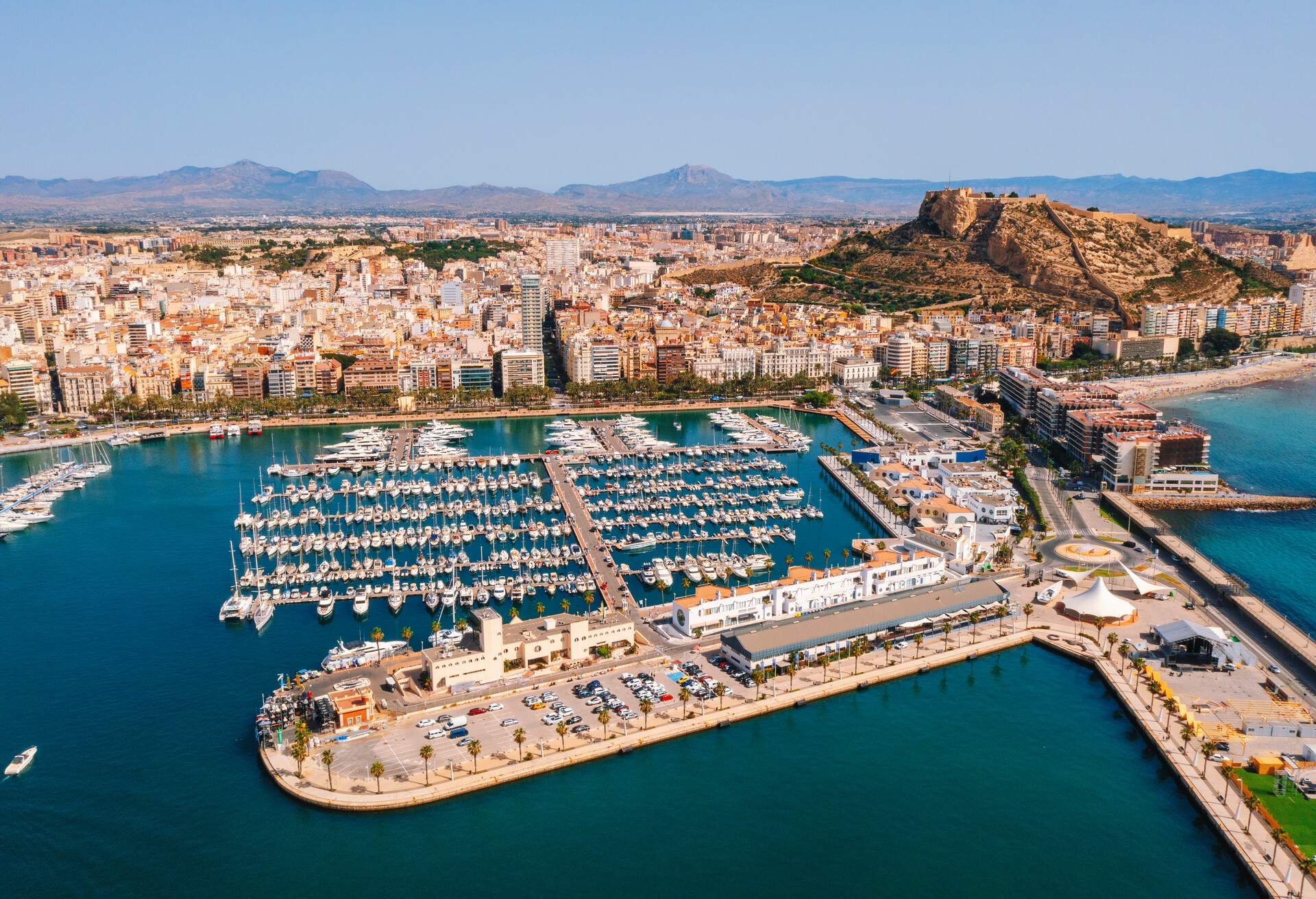 Aerial view of Alicante city with harbour in Costa Blanca Spain