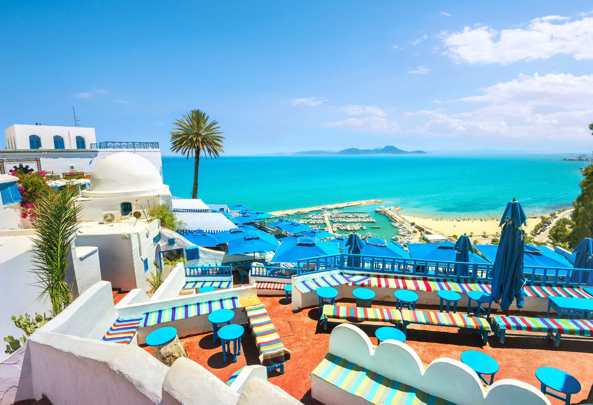 Beautiful view over of seaside and white blue village Sidi Bou Said. Tunisia, North Africa.; Shutterstock ID 686855305; Purpose: CITY; Brand (KAYAK, Momondo, Any): KAYAK