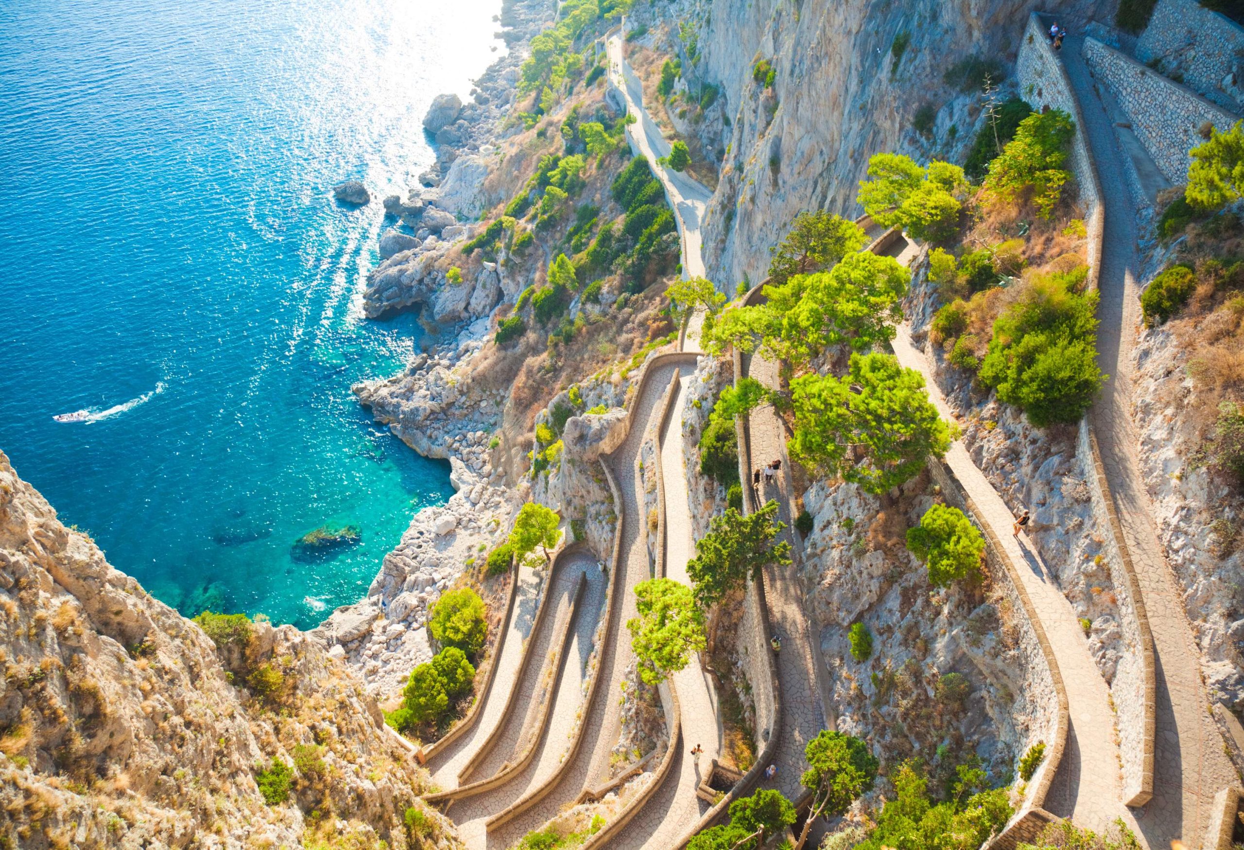 The Via Krupp in Capri with spectacular views of the bay's clear blue waters.