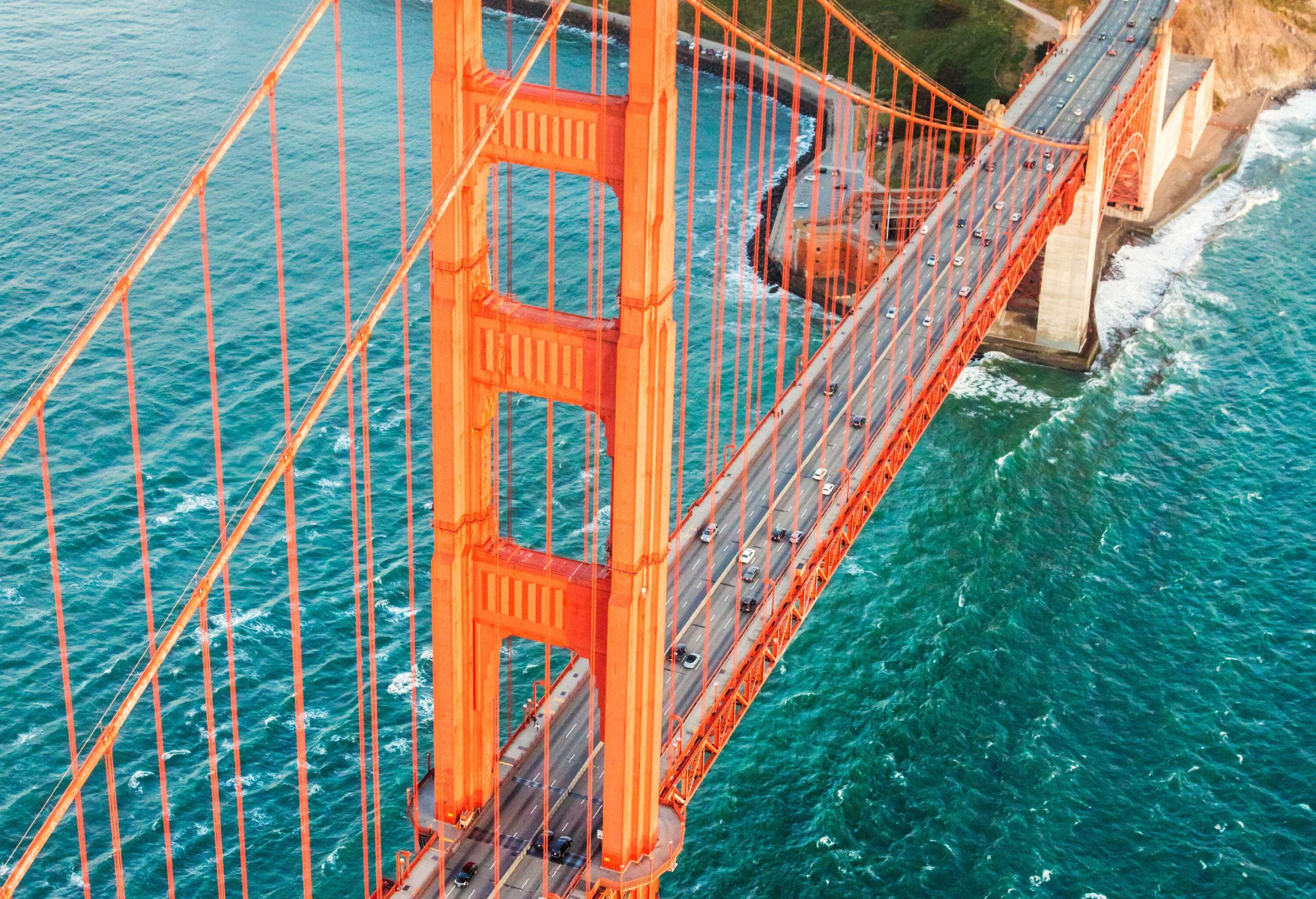 The aerial view of the Golden Gate Bridge in San Francisco, California.