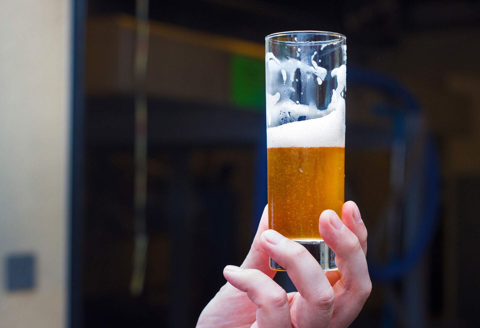 A hand holding a half-filled glass of beer.