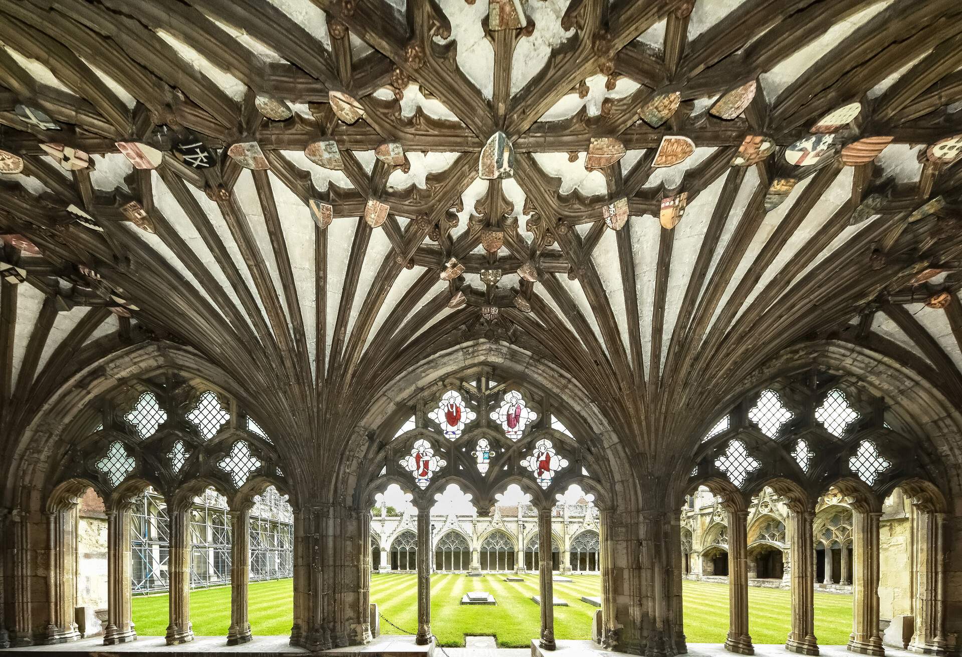 Majestic tracery details in Canterbury Cathedral's Gothic cloister in Canterbury, Kent, England, UK, a UNESCO heritage site