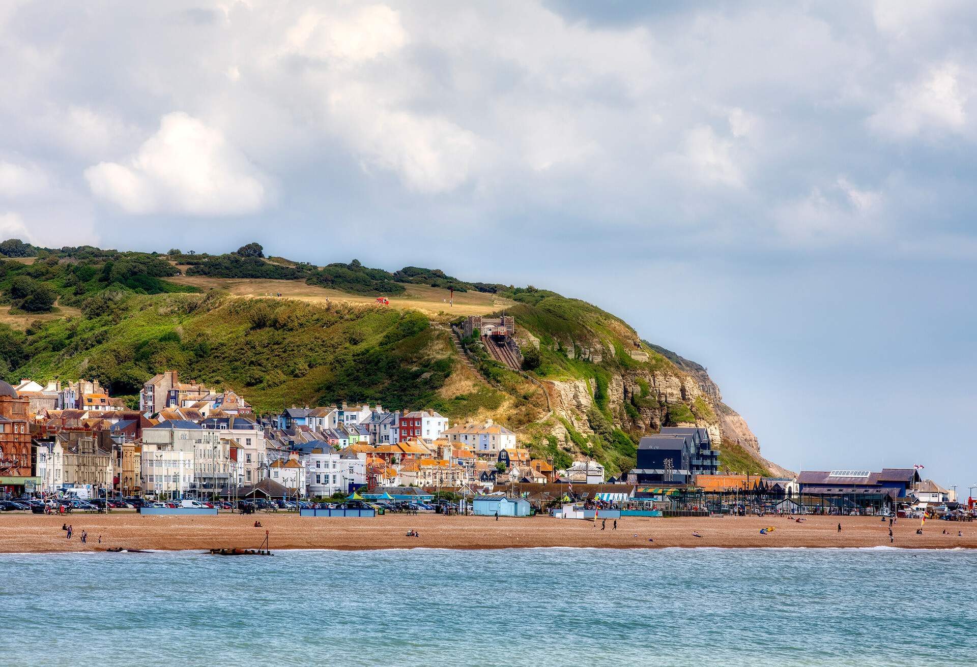 View of East Hill and the Beach of Hastings, England, with the the East Hill Cliff Railway Funicular