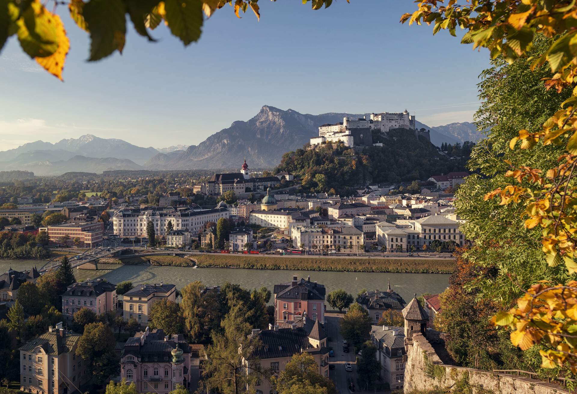 Autumn panorama of the old town in Salzburg, Austria - view from Kapuziner Hill.