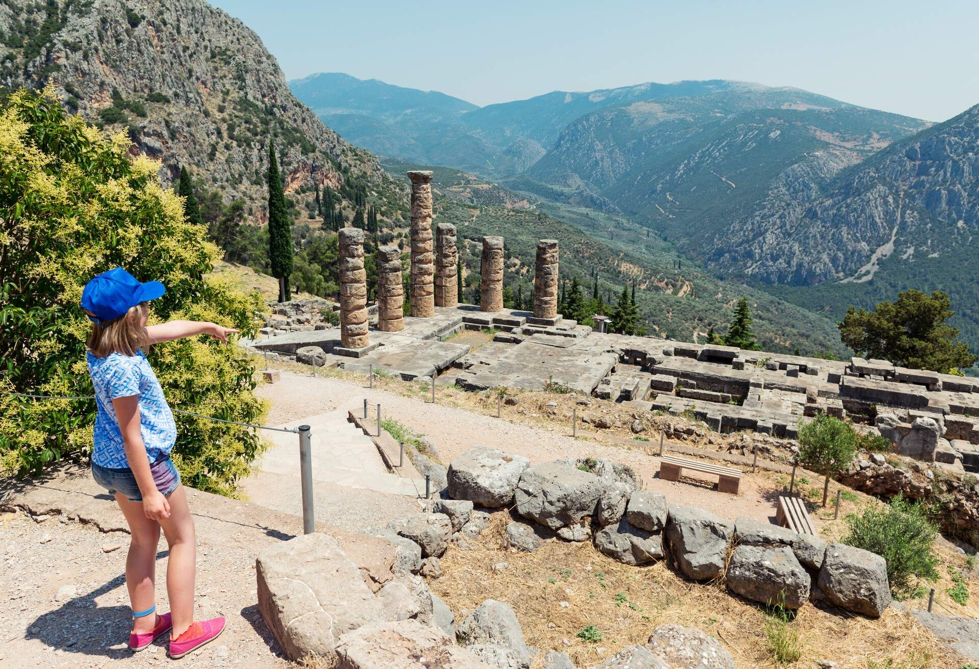 The ruins of the Temple of Apollo, a temple of the Doric order, at Delphi in Central Greece.