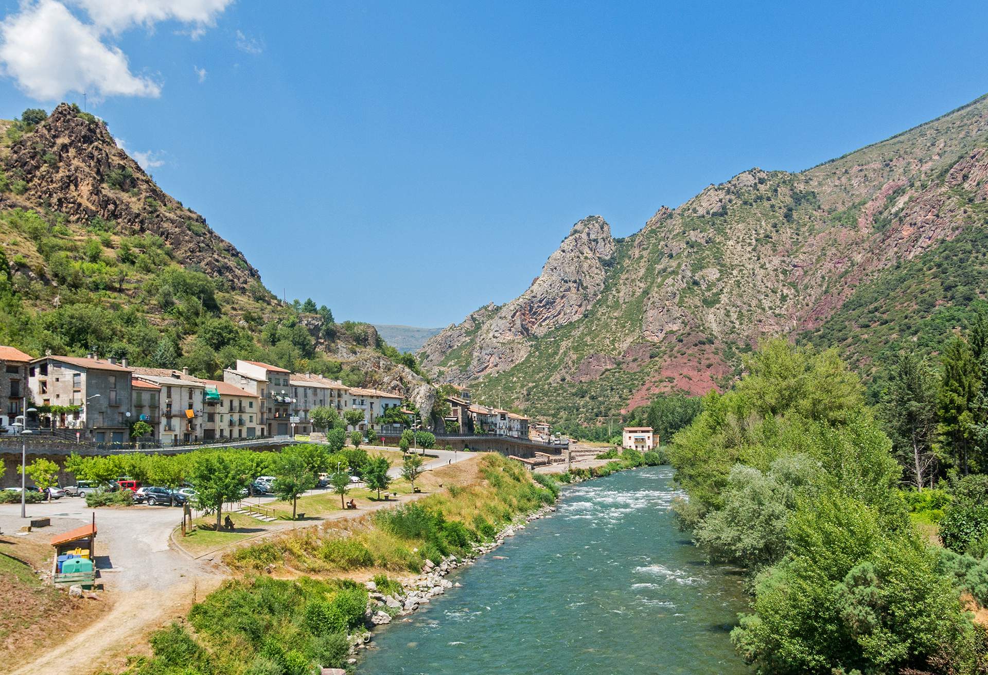 Panorama of the medieval village Gerri de la Sal in Lleida and Noguera Pallaresa river, Catalunya, Spain, Europe