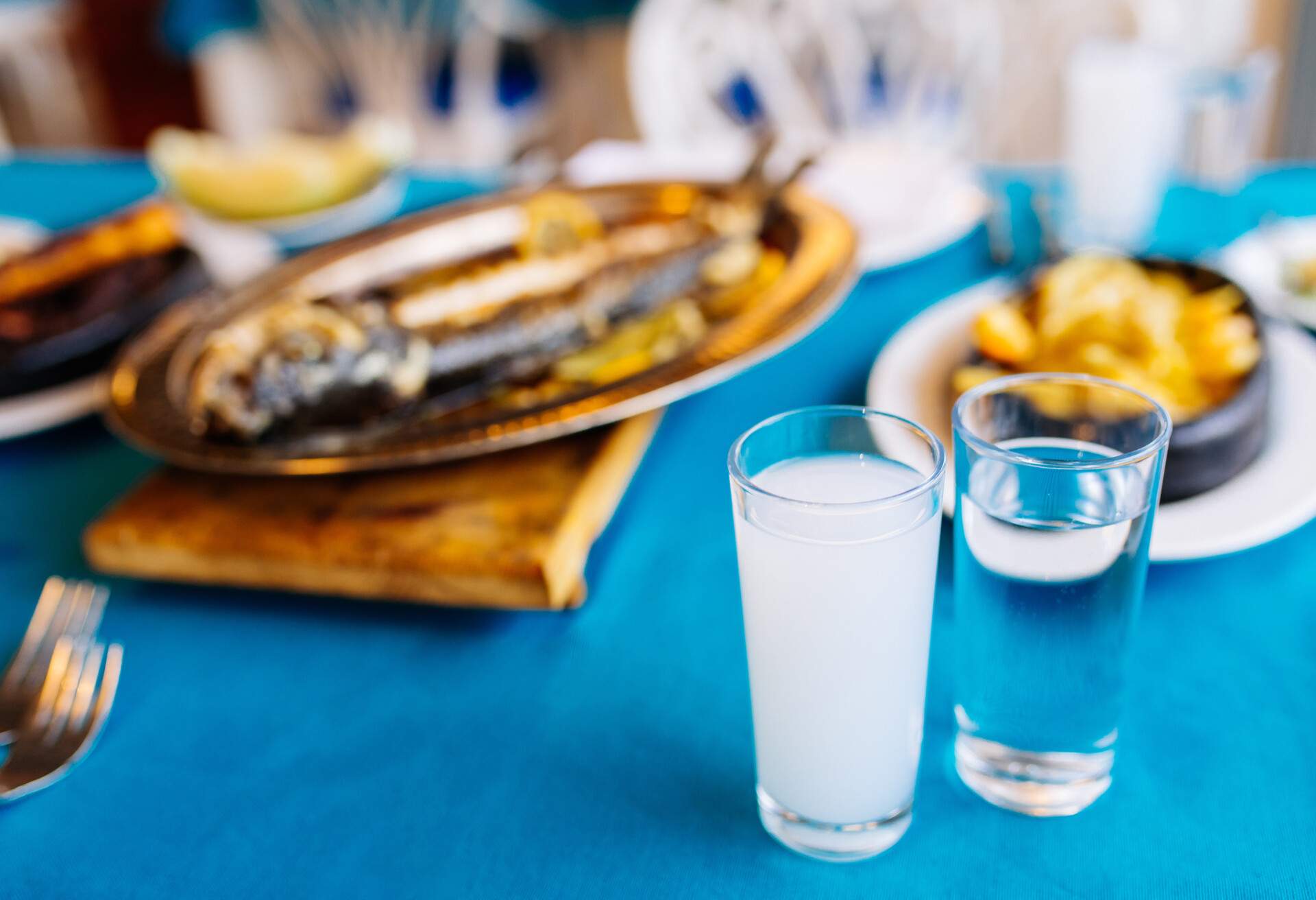 Greek restaurant table and food dinner cuisine culture from top view. Traditional Greek ouzo with grilled or fried fish and appetizers on dinner table at restaurant.