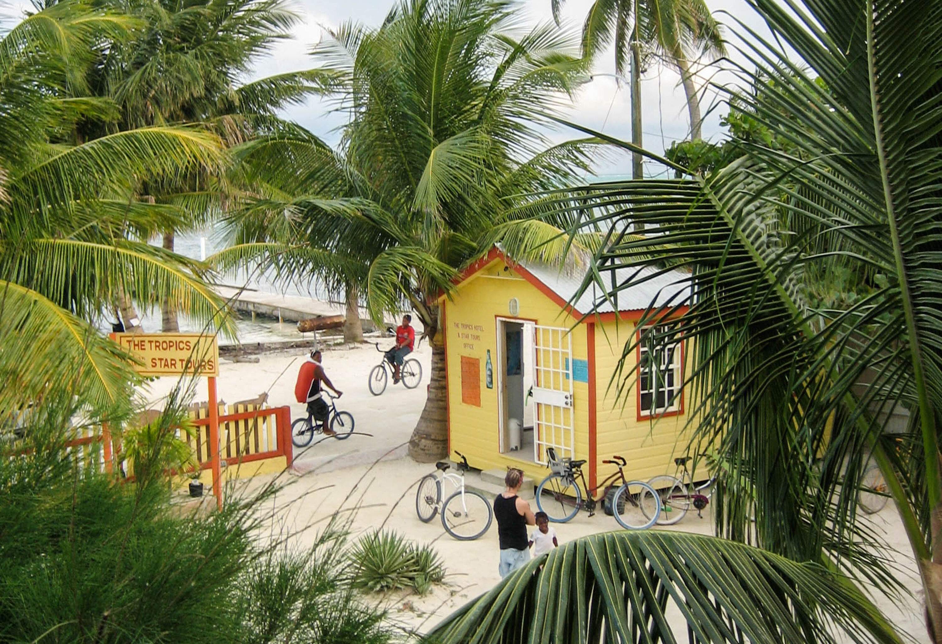 A tropical beach with bicycles propped up against a yellow beach hut surrounded by coconut trees.