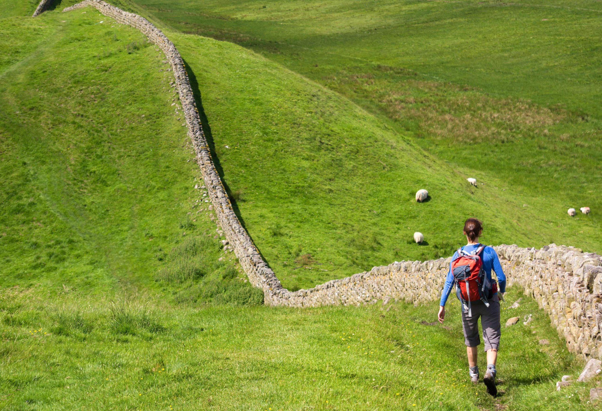 A hiker walks along a stone boundary wall on the hills.