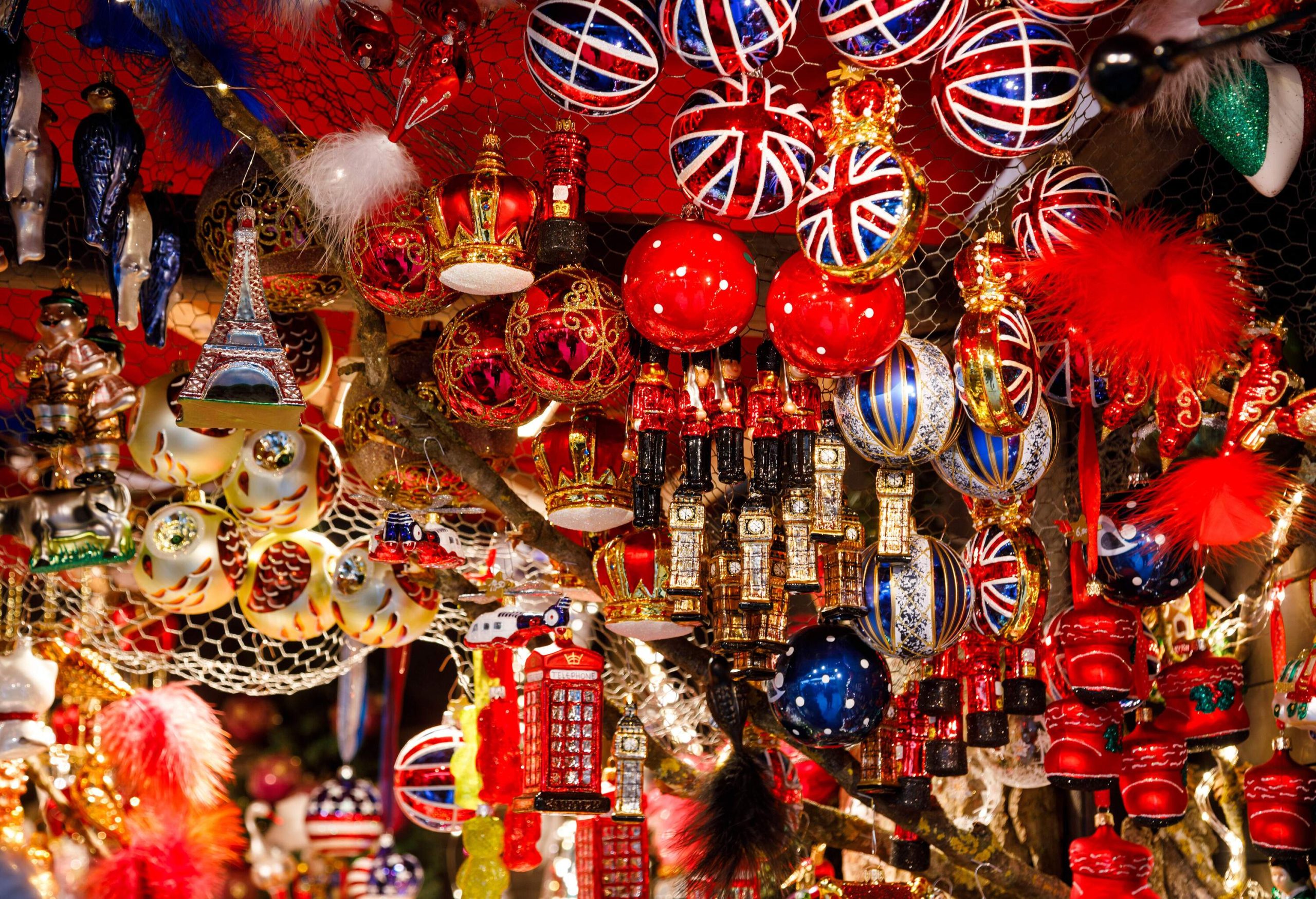 British themed glass Christmas tree decorations for sale at Christmas market.