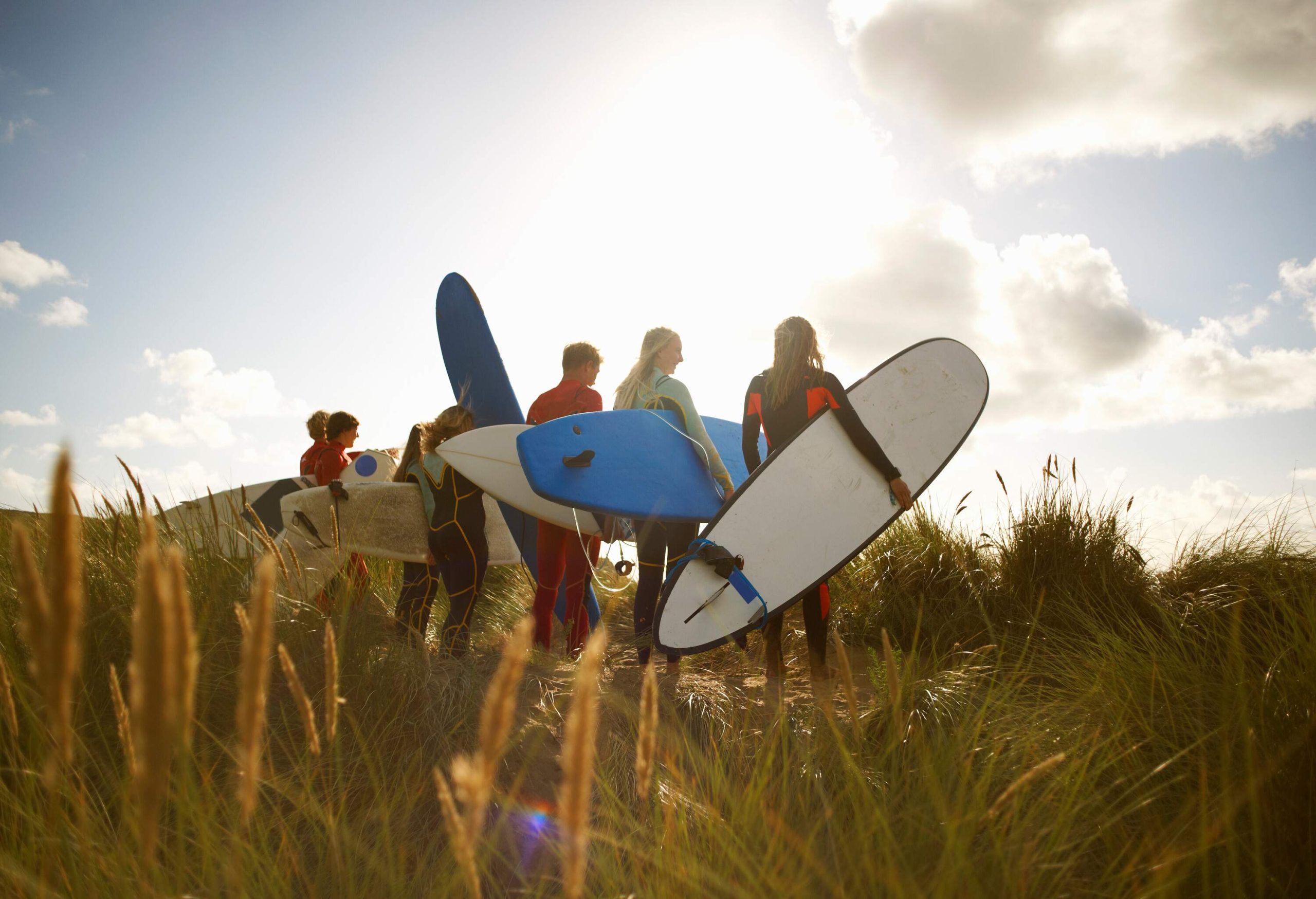 A bunch of surfers are carrying their surfboards while standing in the sun on a patch of grass.