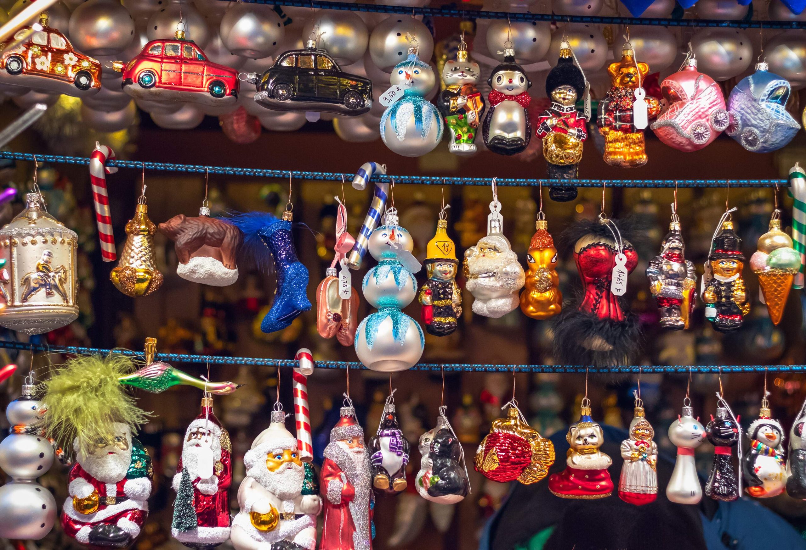 A display of colourful and shiny Christmas tree decorations.