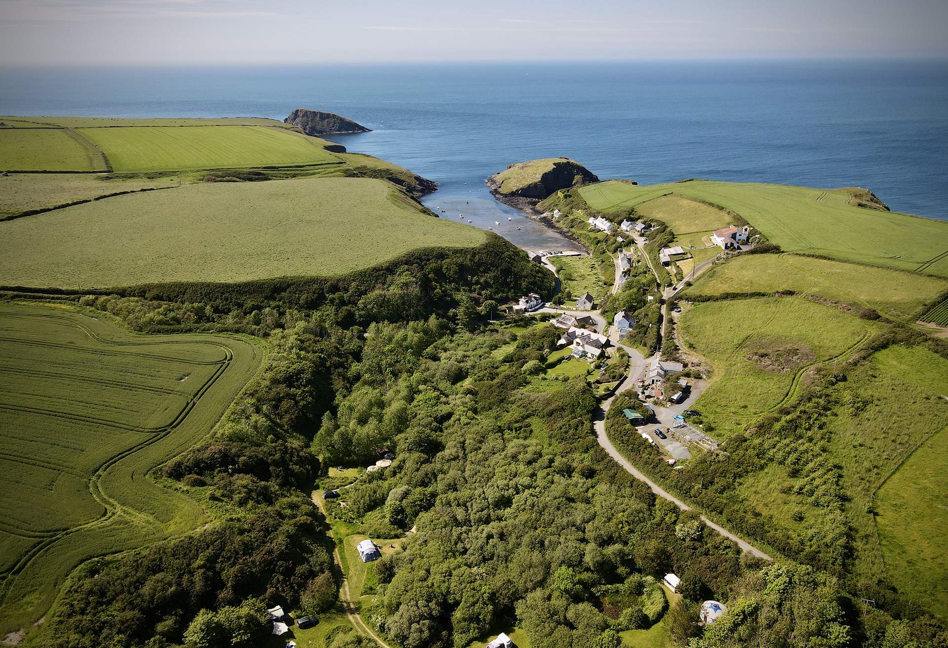 Aerial view of campsite by the sea