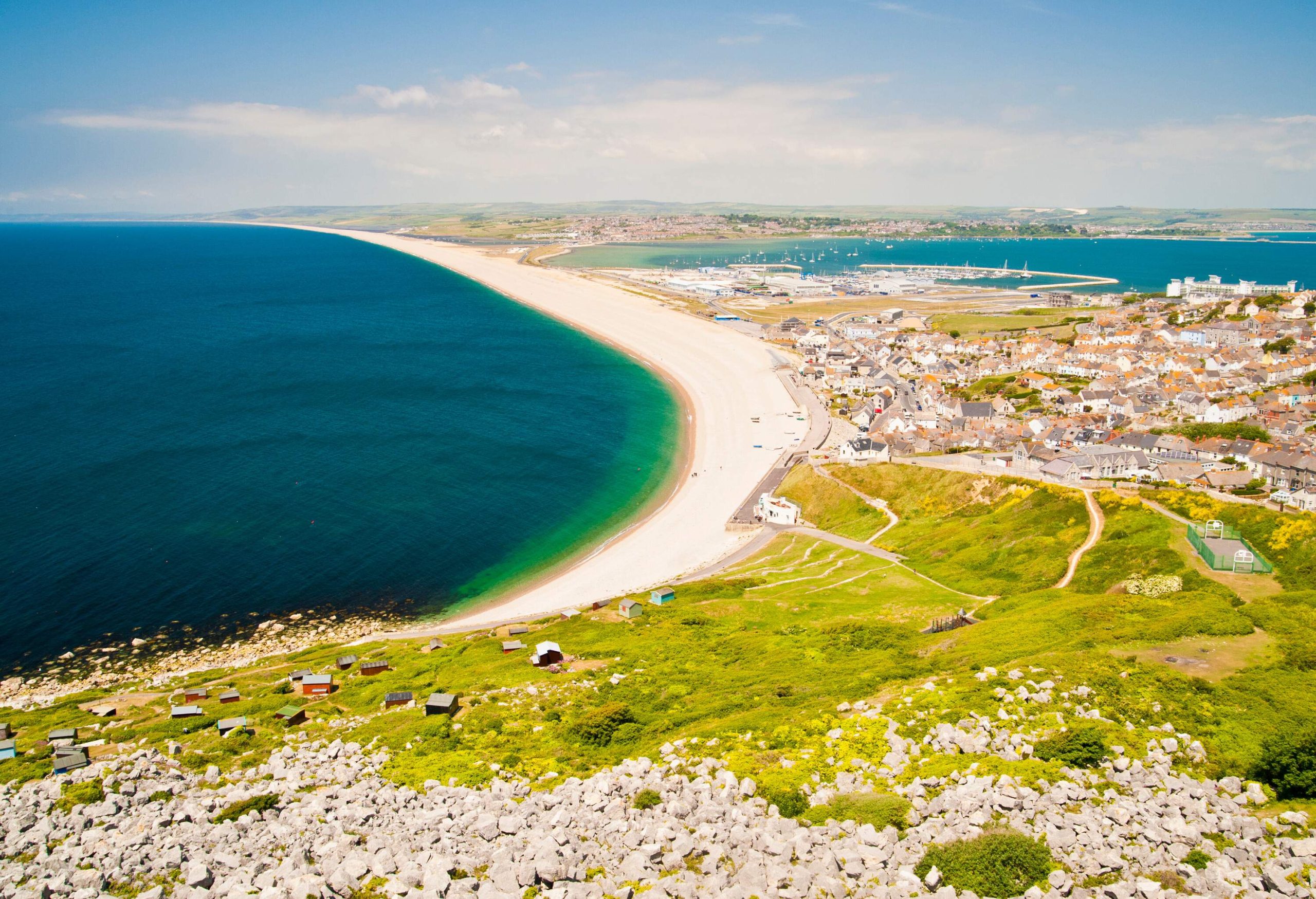 Panoramic view of Chesil beach Portland, Dorset, UK, on a sunny day