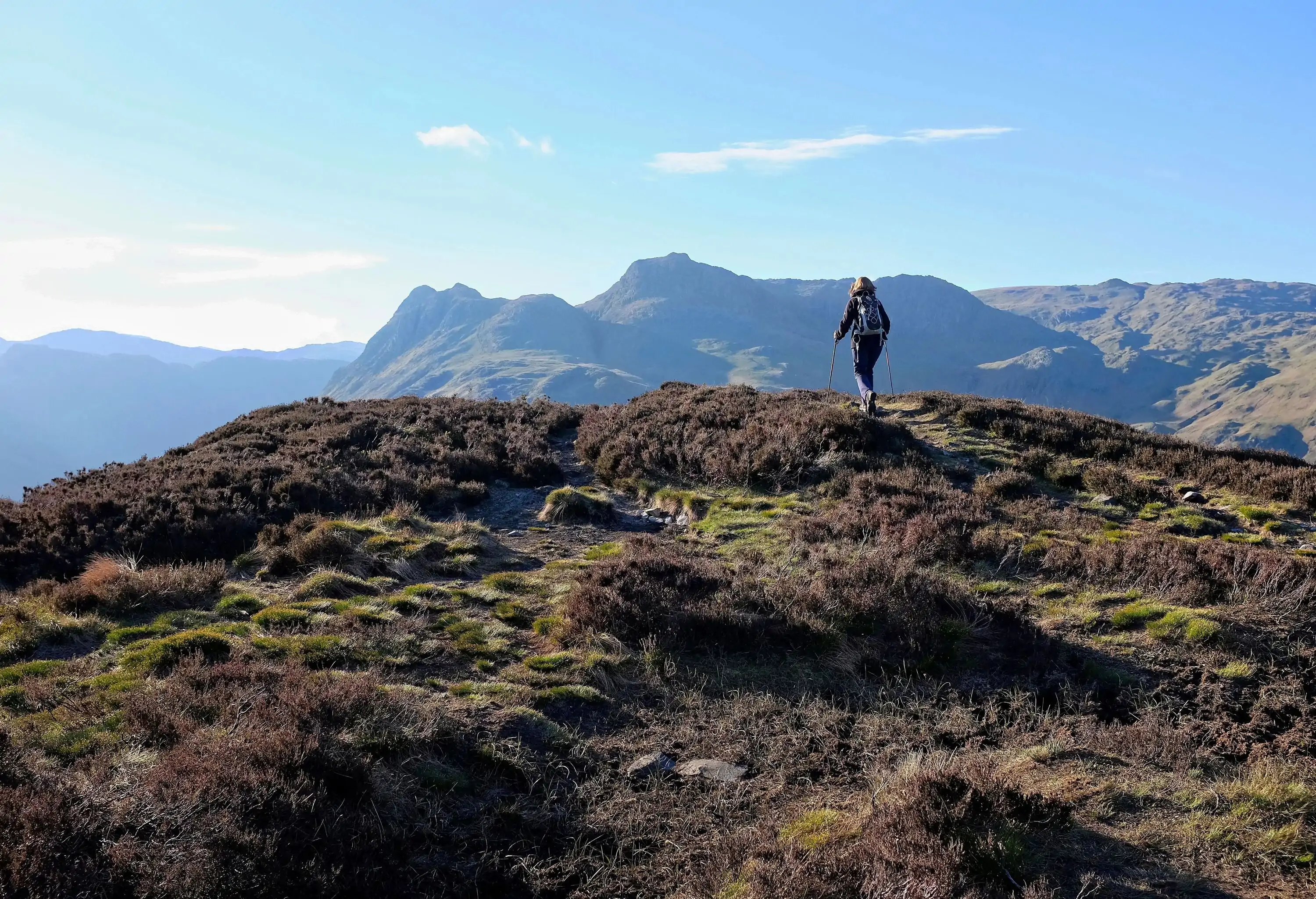 A woman standing on top of a moor-covered hill with a view of mountain peaks in the distance.