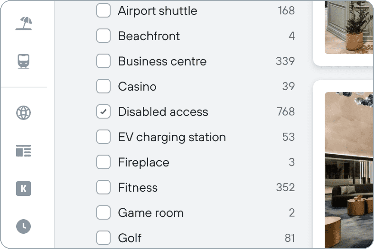 Step two of how to find a hotel room with roll-in shower: select the filter 