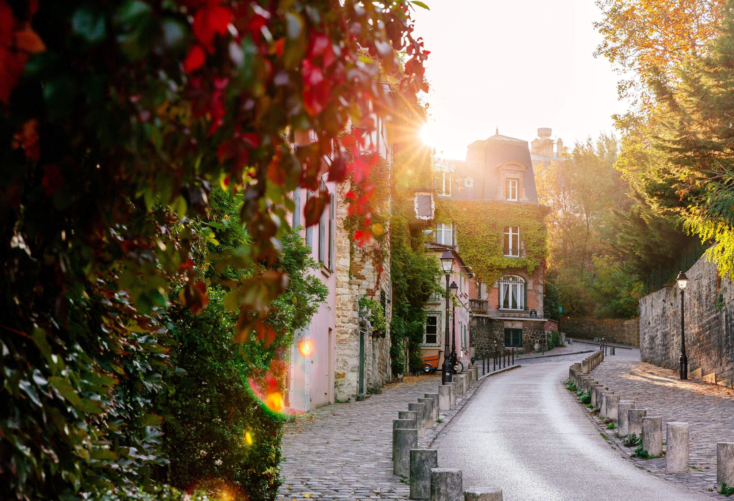 An uphill road along a neighbourhood with the sun peeking through a building's rooftop.