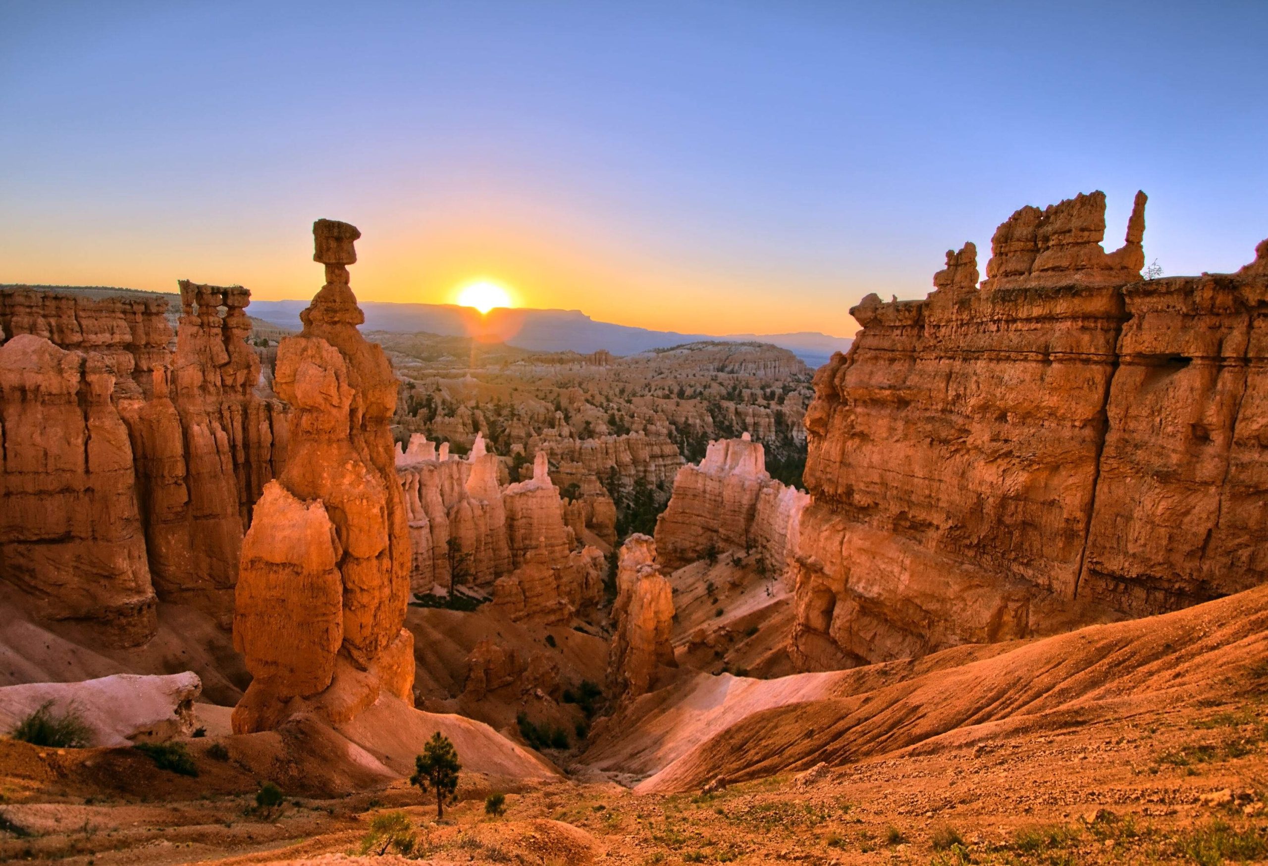 A scenic sunrise across a magnificent canyonland viewed from a hillside.