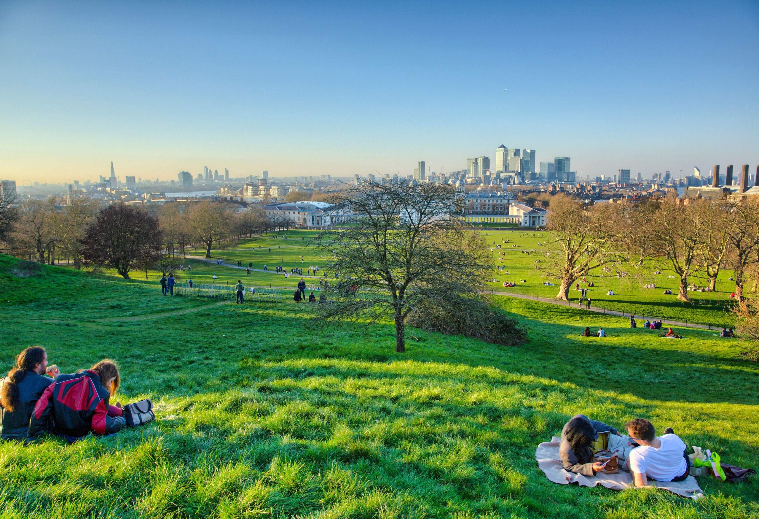 People relax on a grassy slope in a park with distant views of the metropolitan skyline.