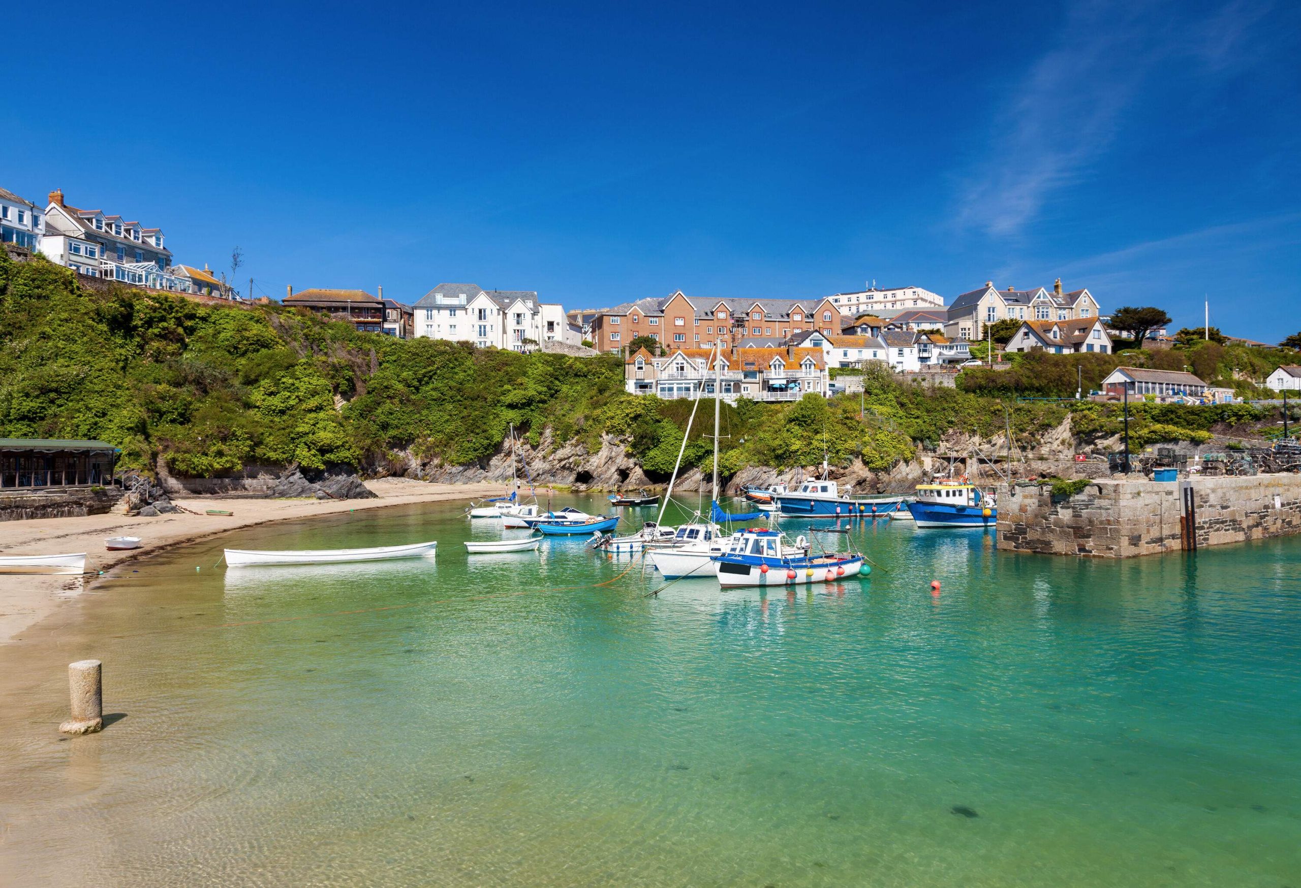 A coastal village with a beach and docked boats next to a slope covered with vegetation.