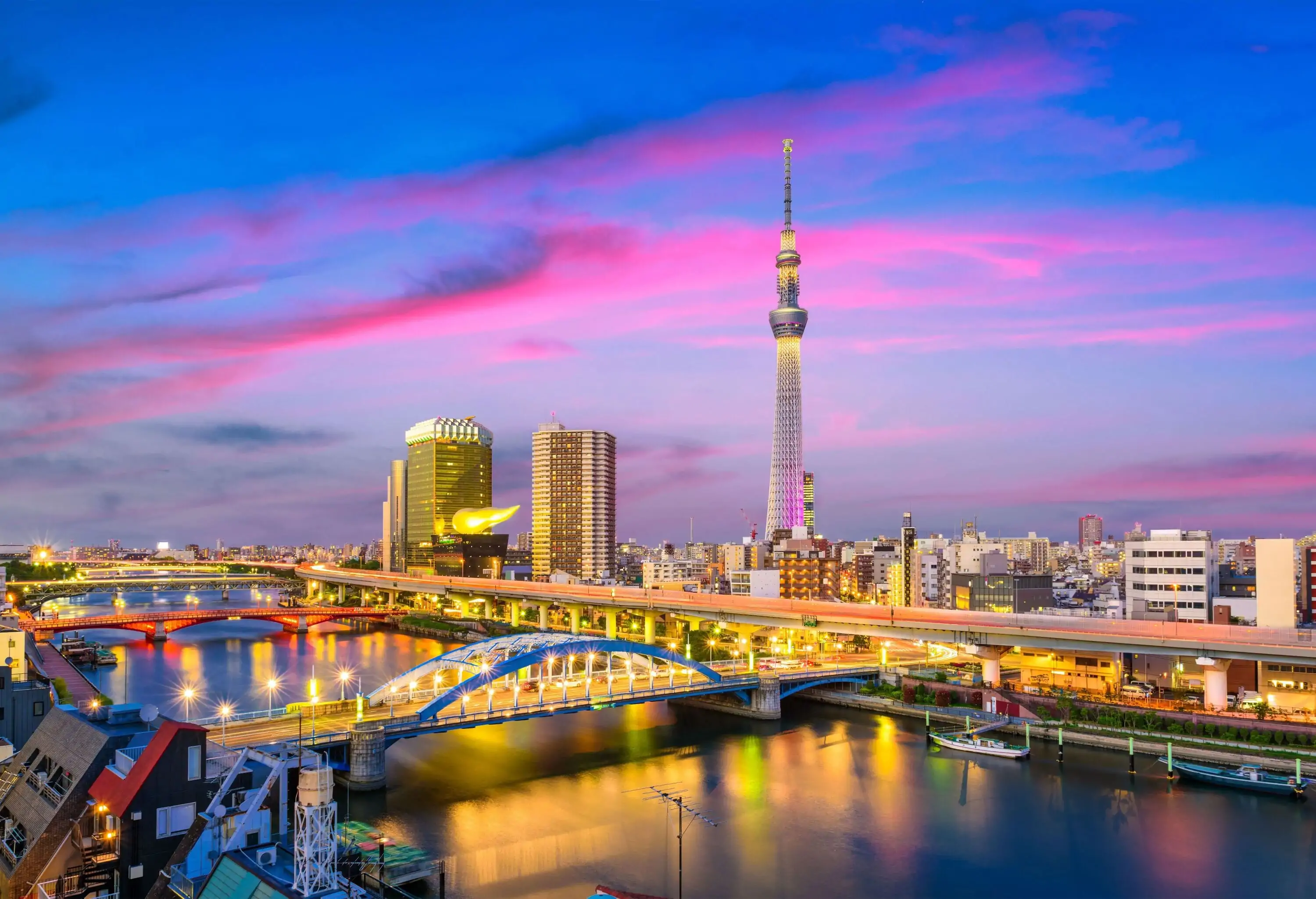 The Tokyo skyline, adorning the banks of the picturesque Sumida River, dazzles with brightly lit bridges, while the iconic Tokyo Skytree stands tall, creating a breathtaking panorama.