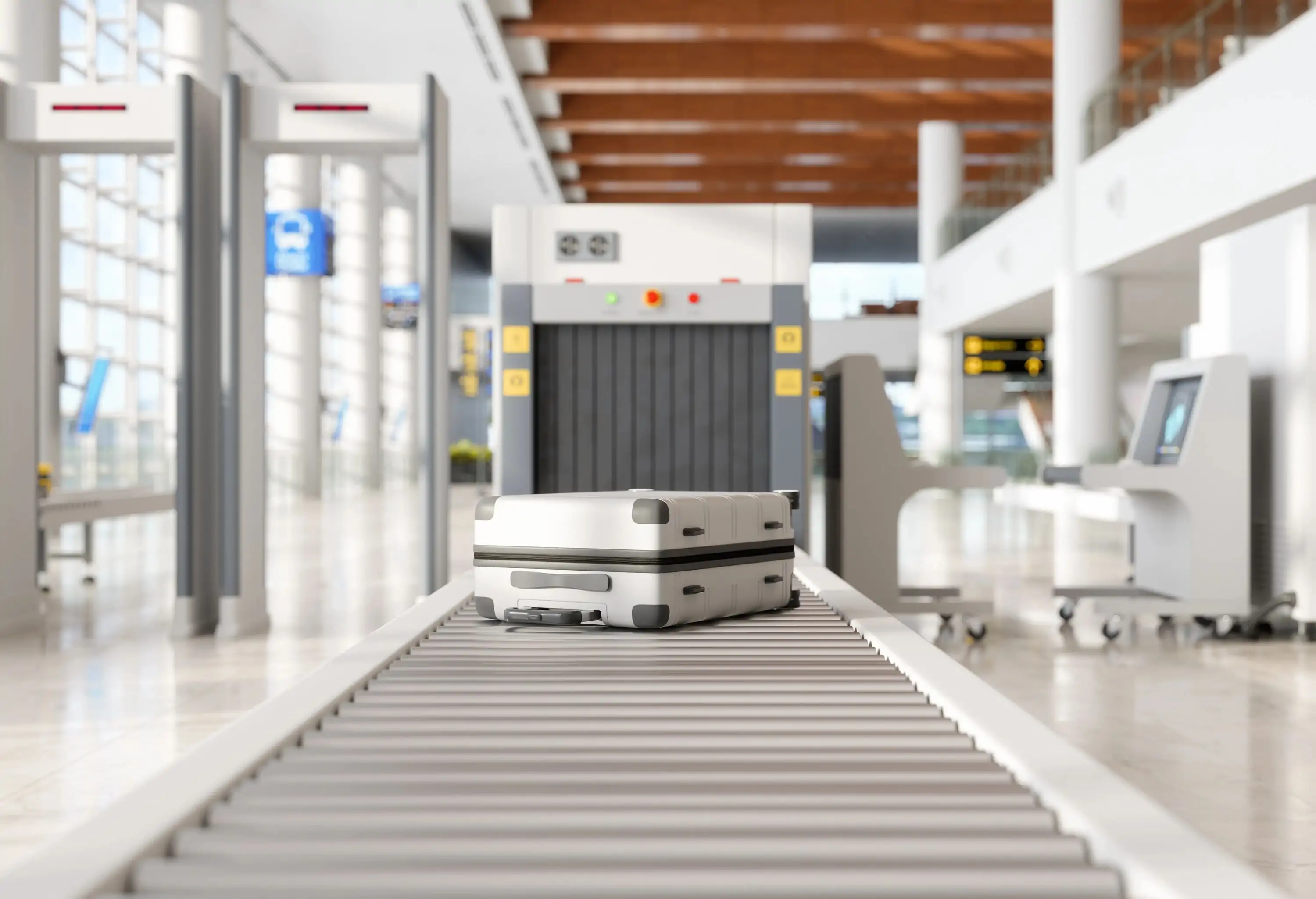 Airport security checkpoint featuring an X-ray scanner machine, conveyor belt, and various pieces of luggage being inspected.