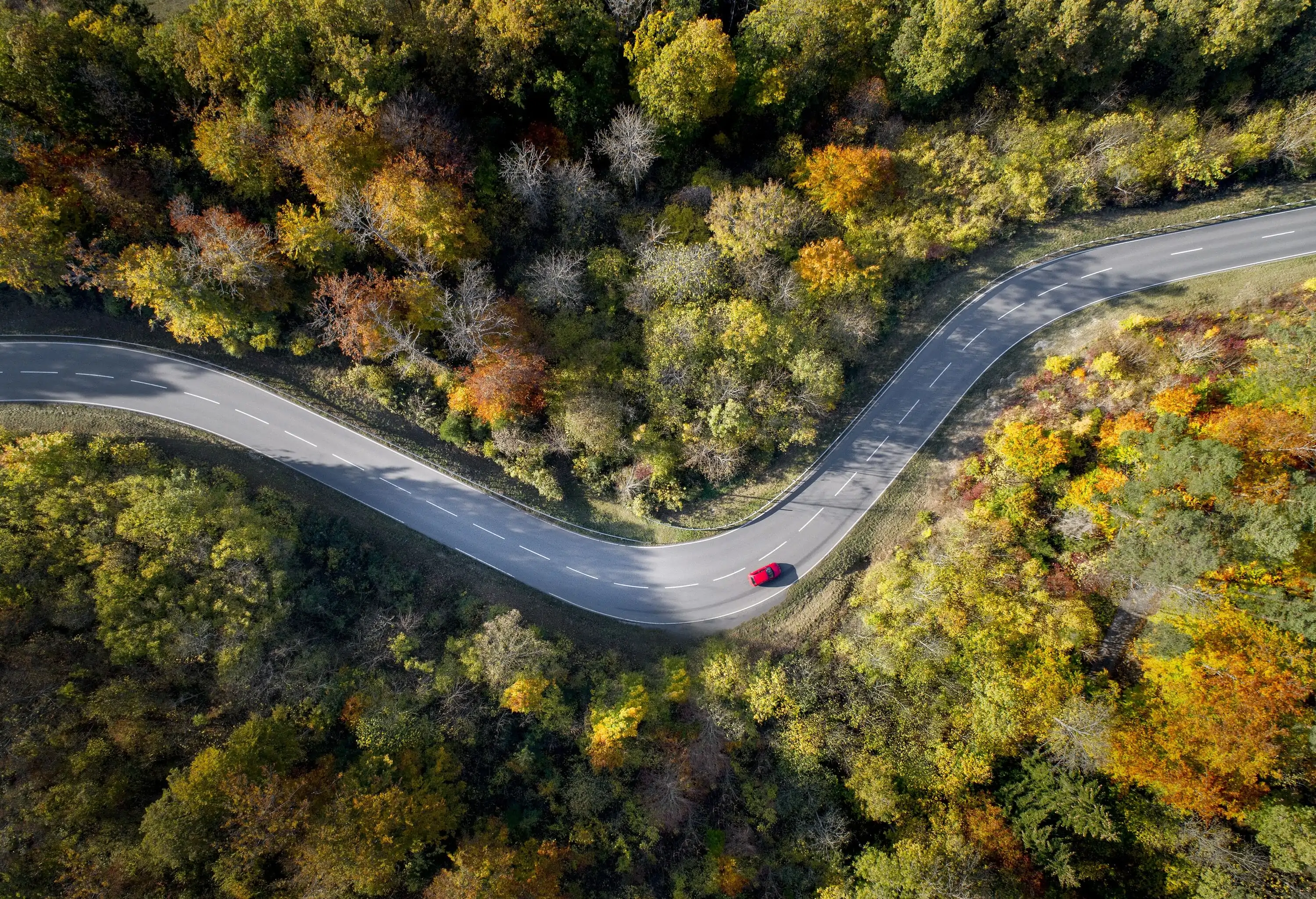 Aerial view of a curving country road surrounded by vibrant fall foliage in shades of red, orange, and yellow.
