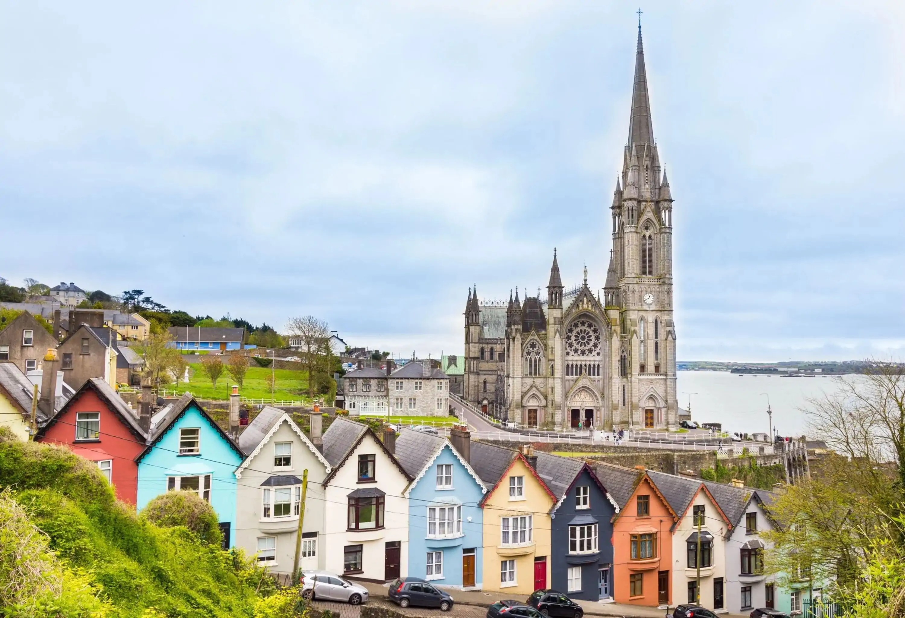 Cathedral and colored houses in Cobh, Ireland