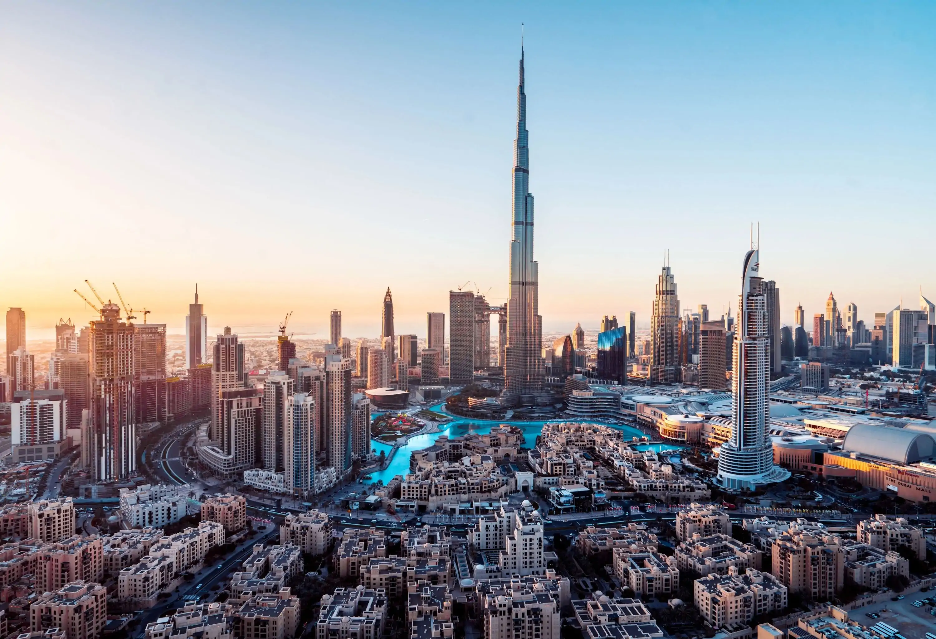 Beautiful cityscape with the Burj Khalifa as the focal point, rising over the other skyscrapers.