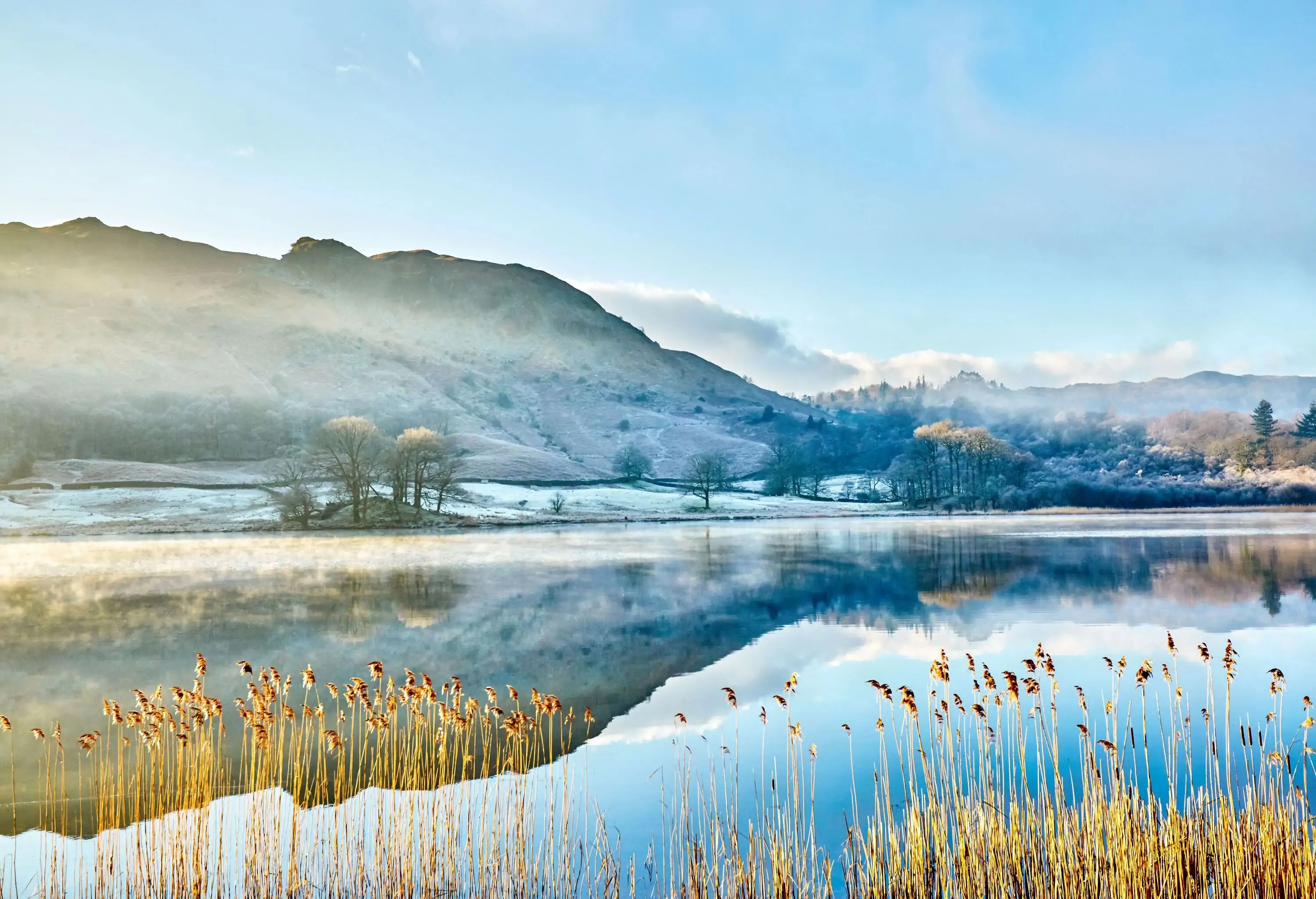 English Lake District in a early winter morning with a coating of frost and mist, Lake District, England.