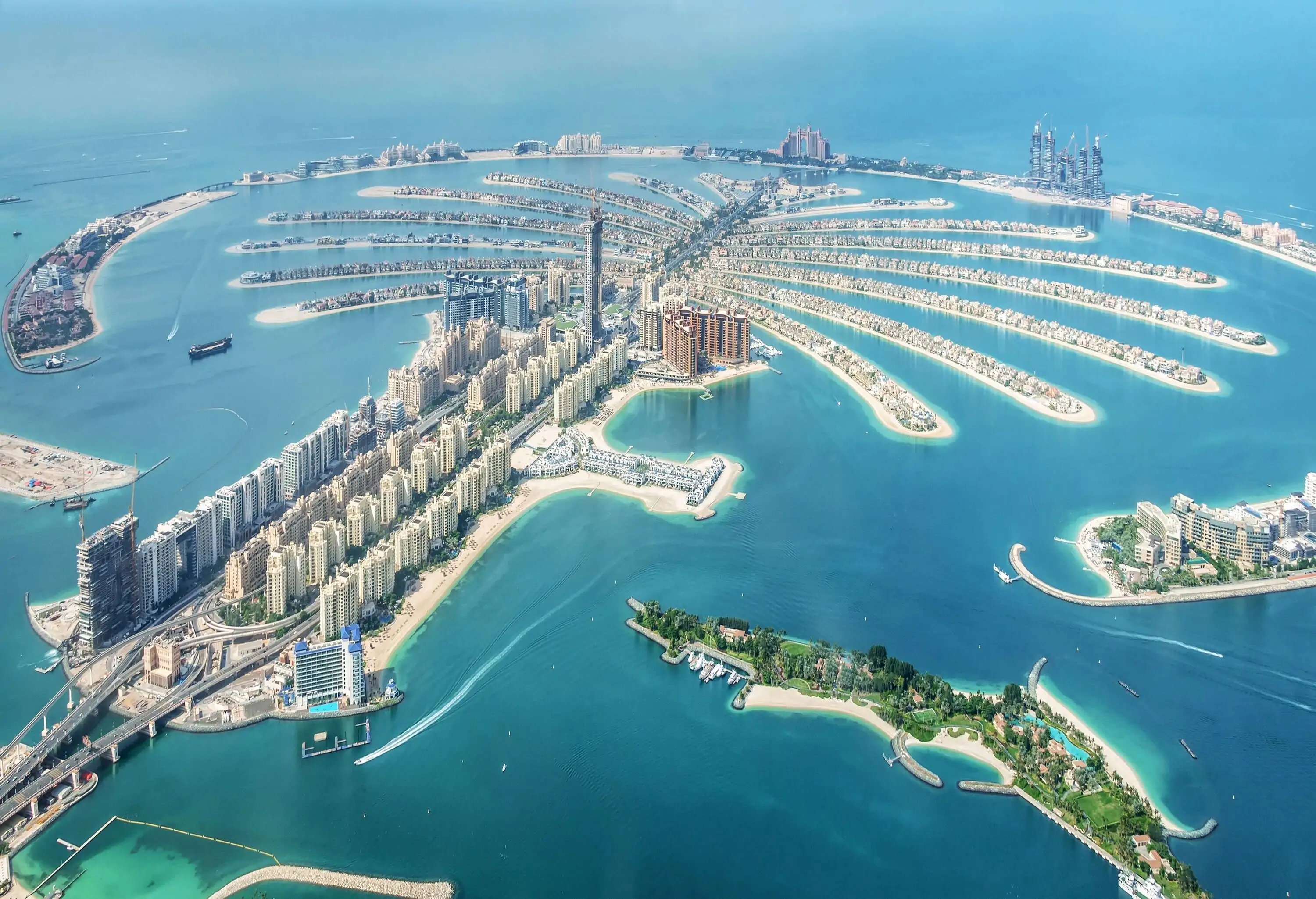 A man-made island shaped like a palm tree with residential houses, hotels, resorts, business establishments, and waterparks.