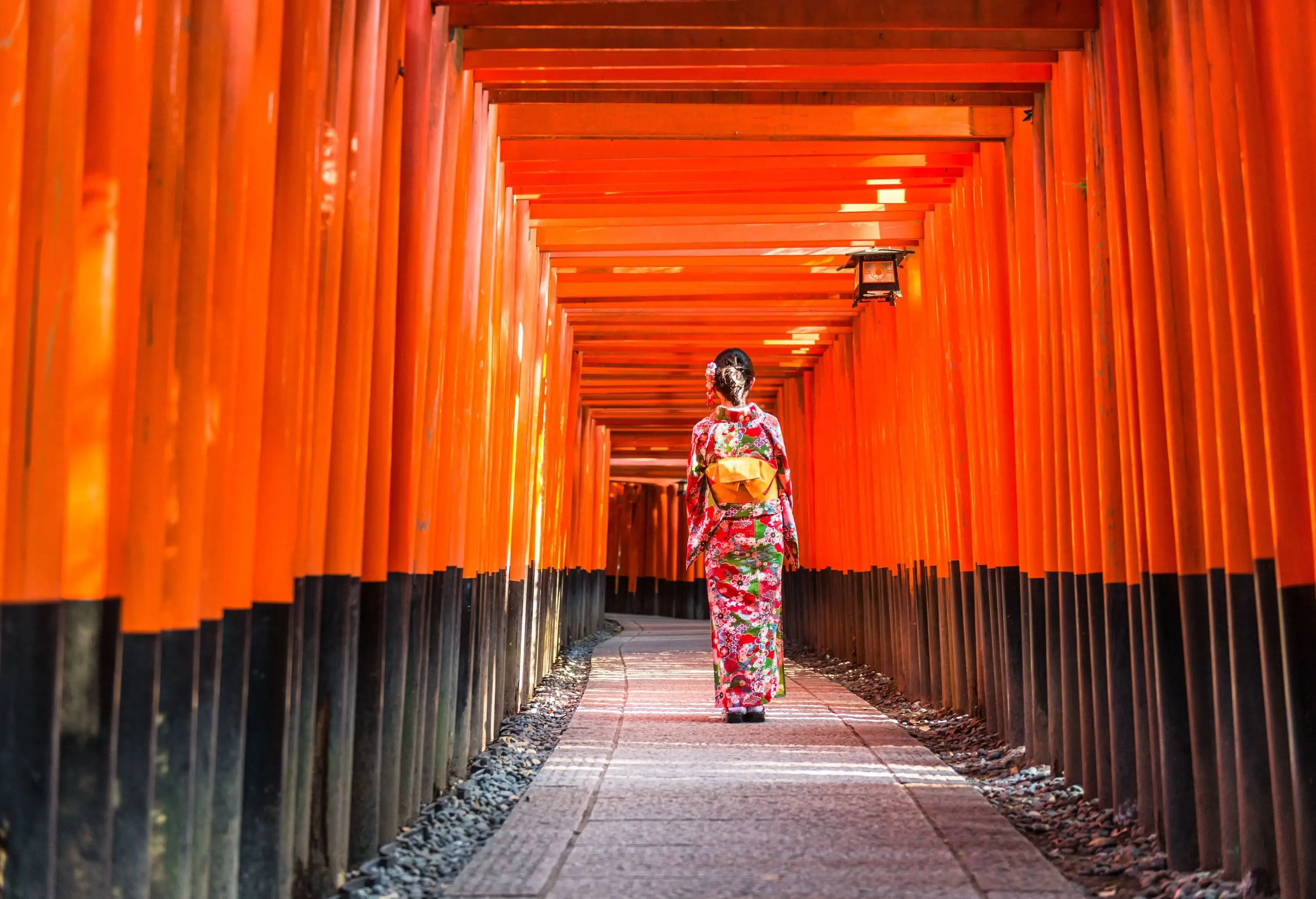 Women in kimono stand at Red Torii gates in Fushimi Inari shrine, one of famous landmarks in Kyoto, Japan
