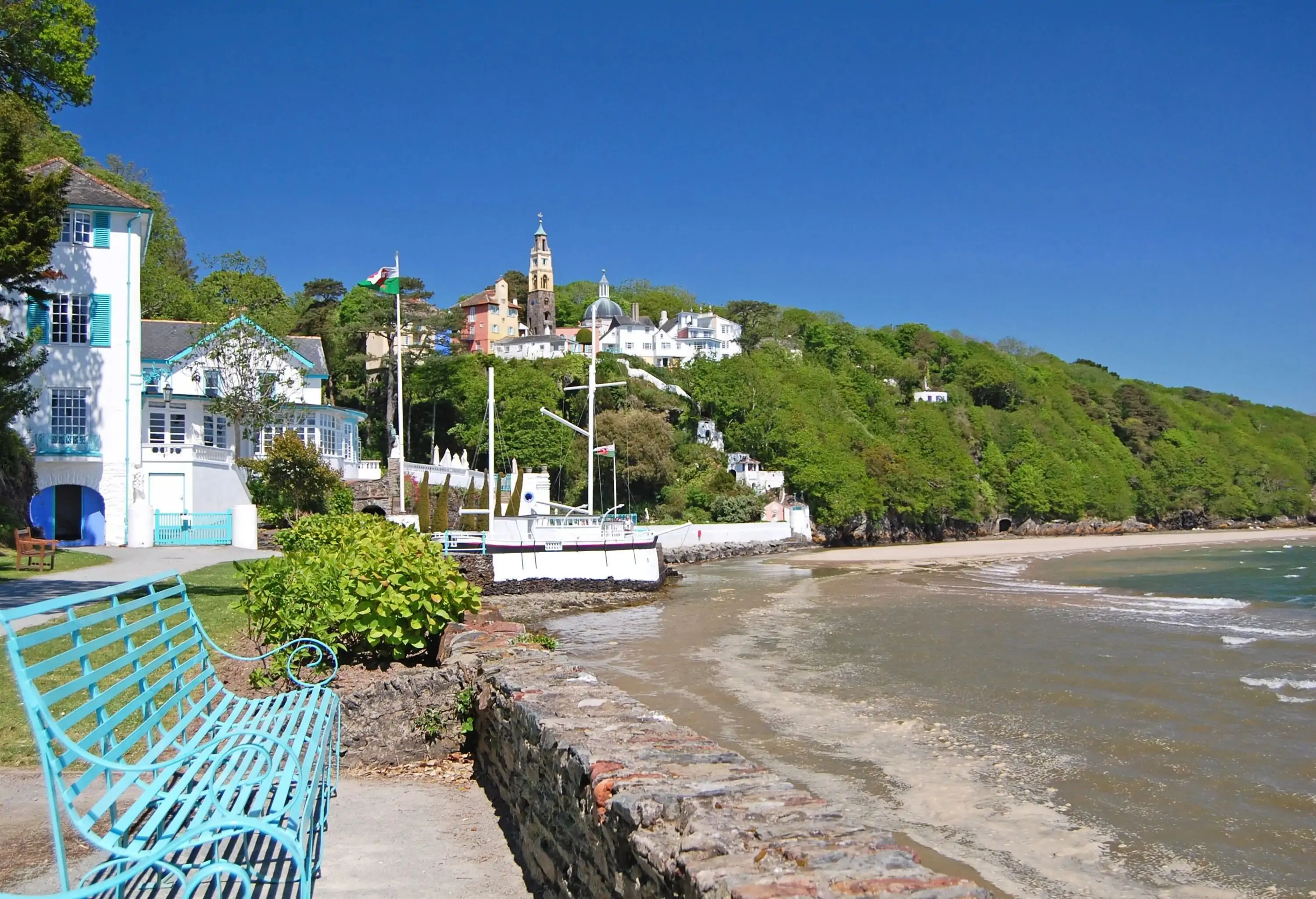 coastline along Portmeirion village in Wales, UK