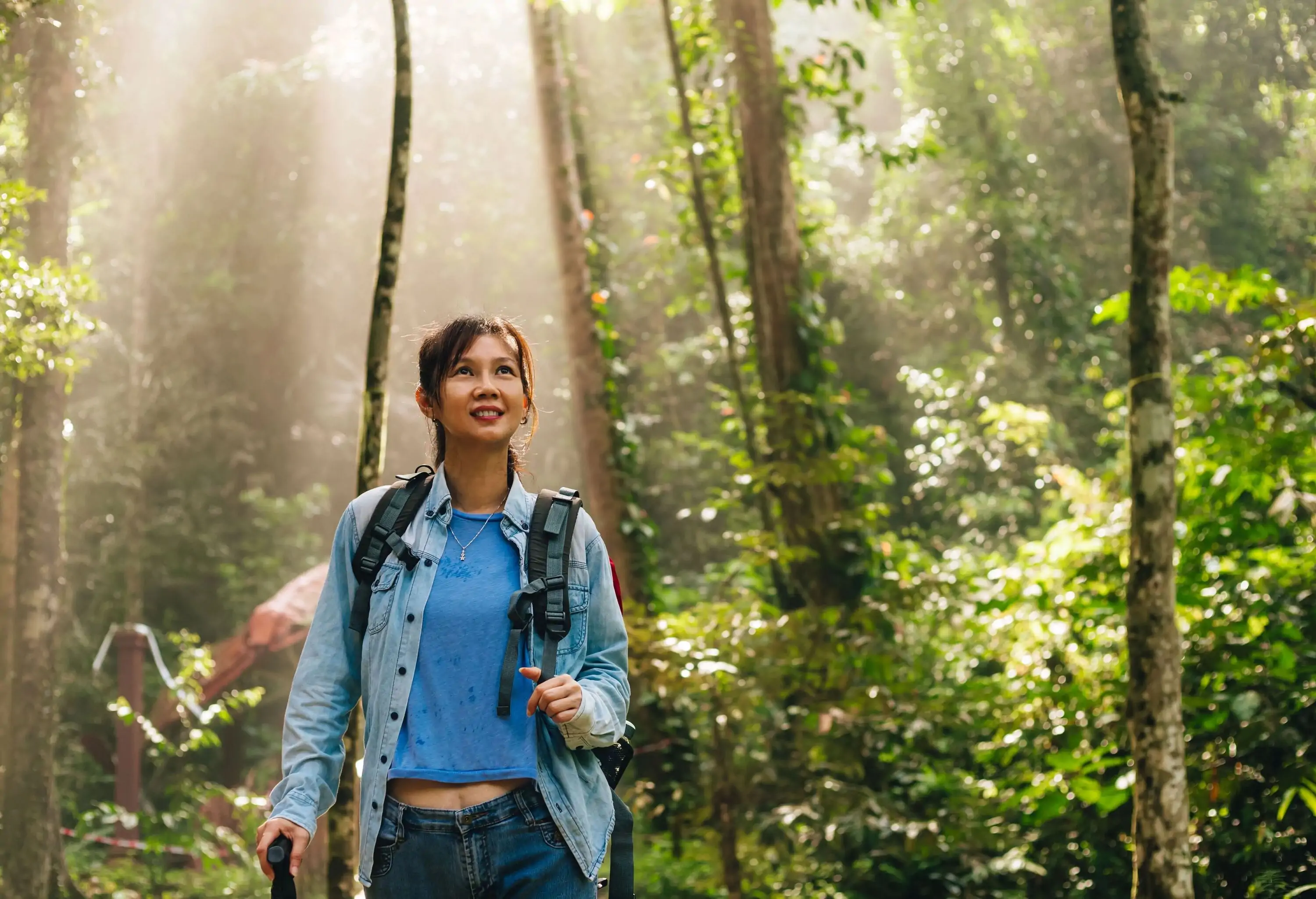A woman in hiking gear looks up as she admires the dense nature in a tropical forest.
